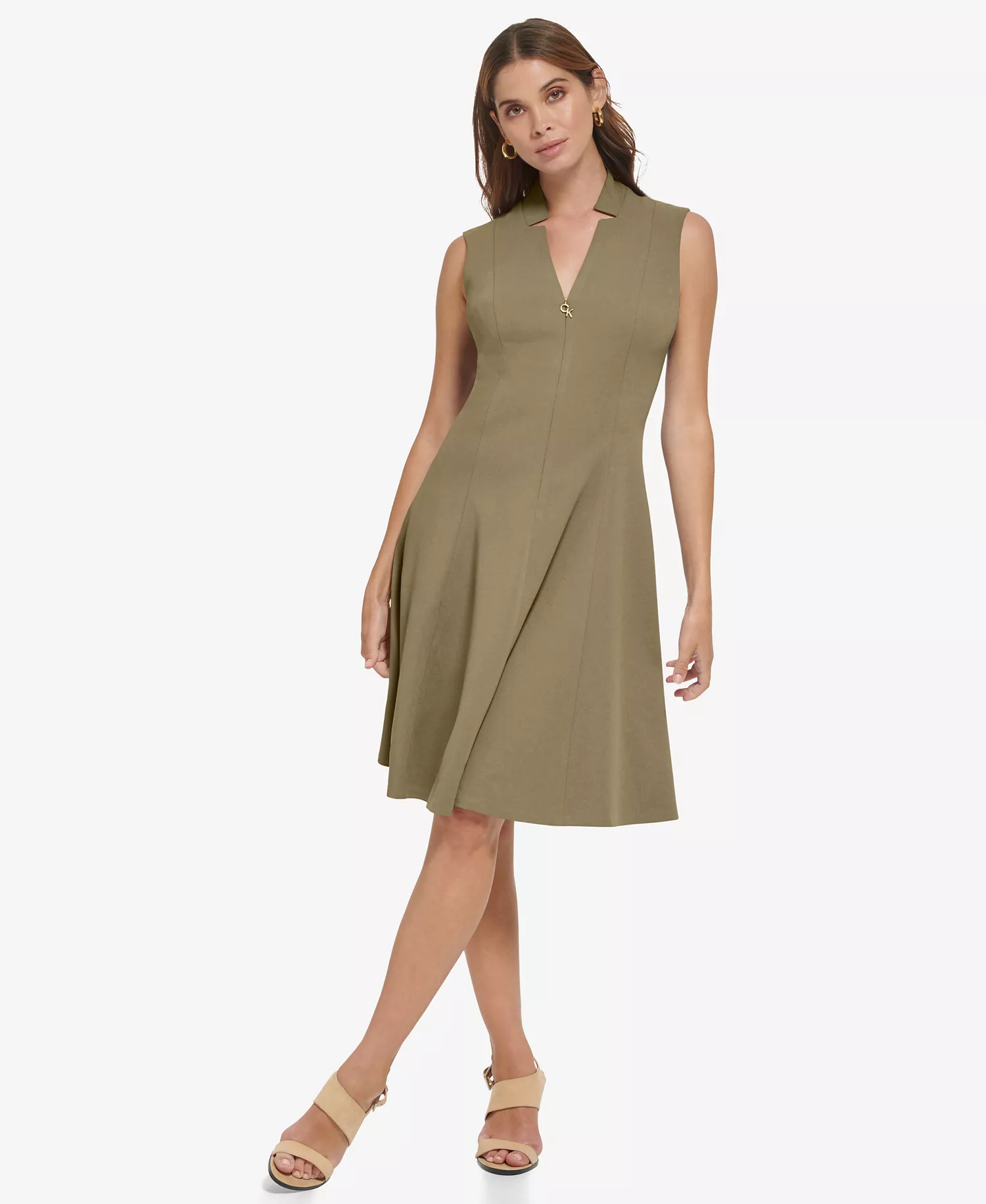 Women's Collared V-Neck Knee-Length Dress - Lugguage - 10