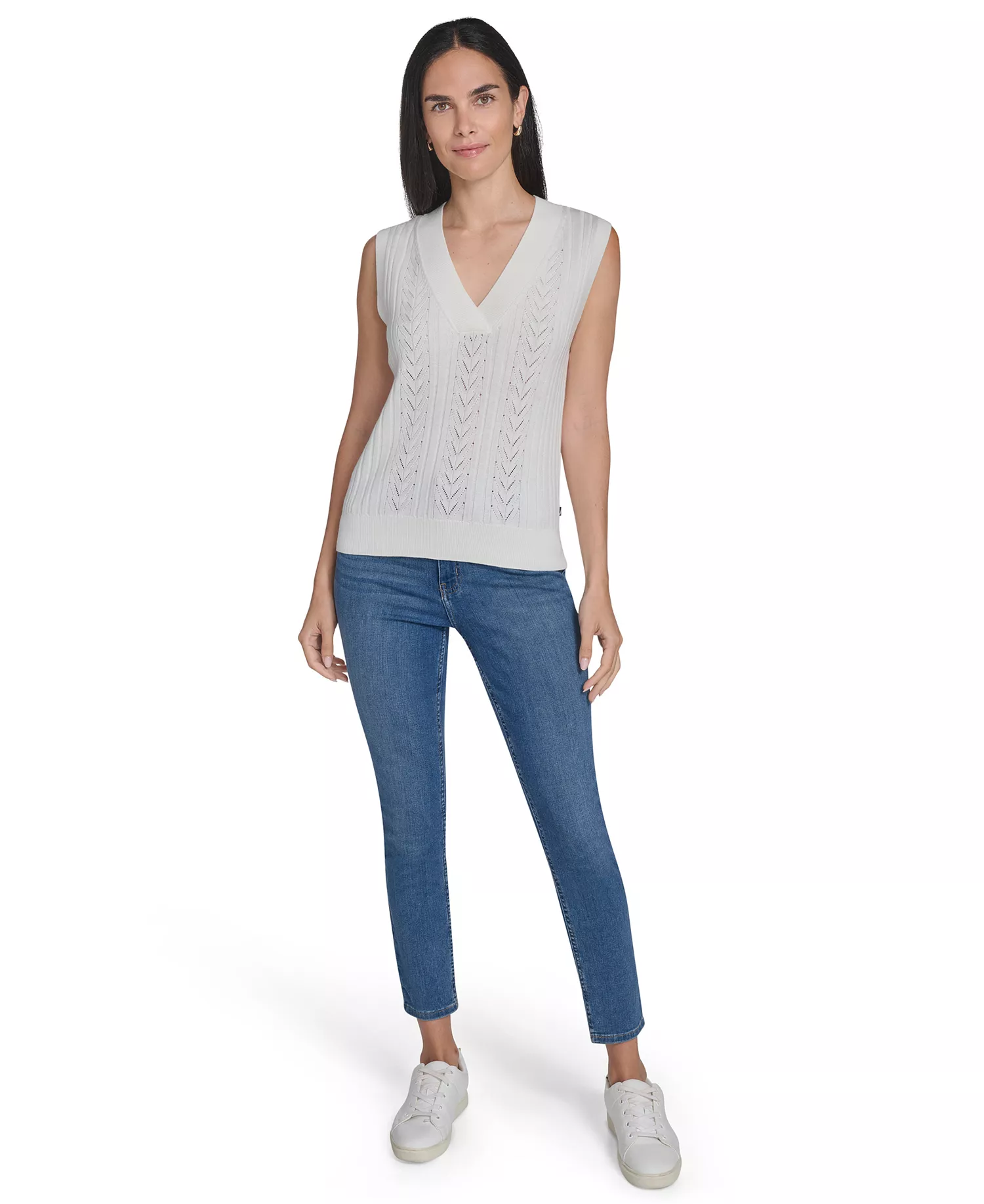 Nautica Women's V-Neck Pointelle Sweater - Ivory - L