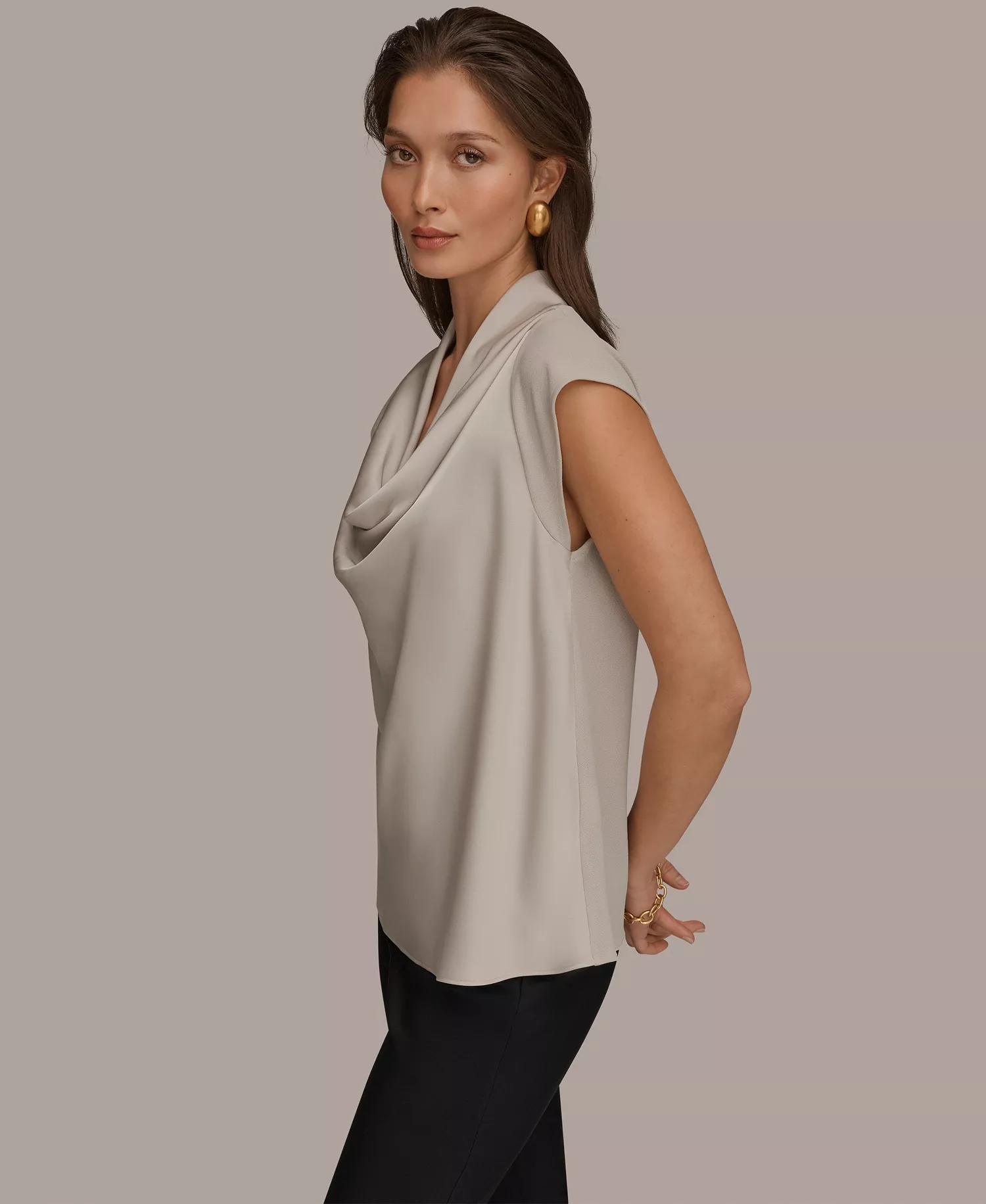 Women's Mixed Media Cowl Neck Top - Tuscan Grey - L