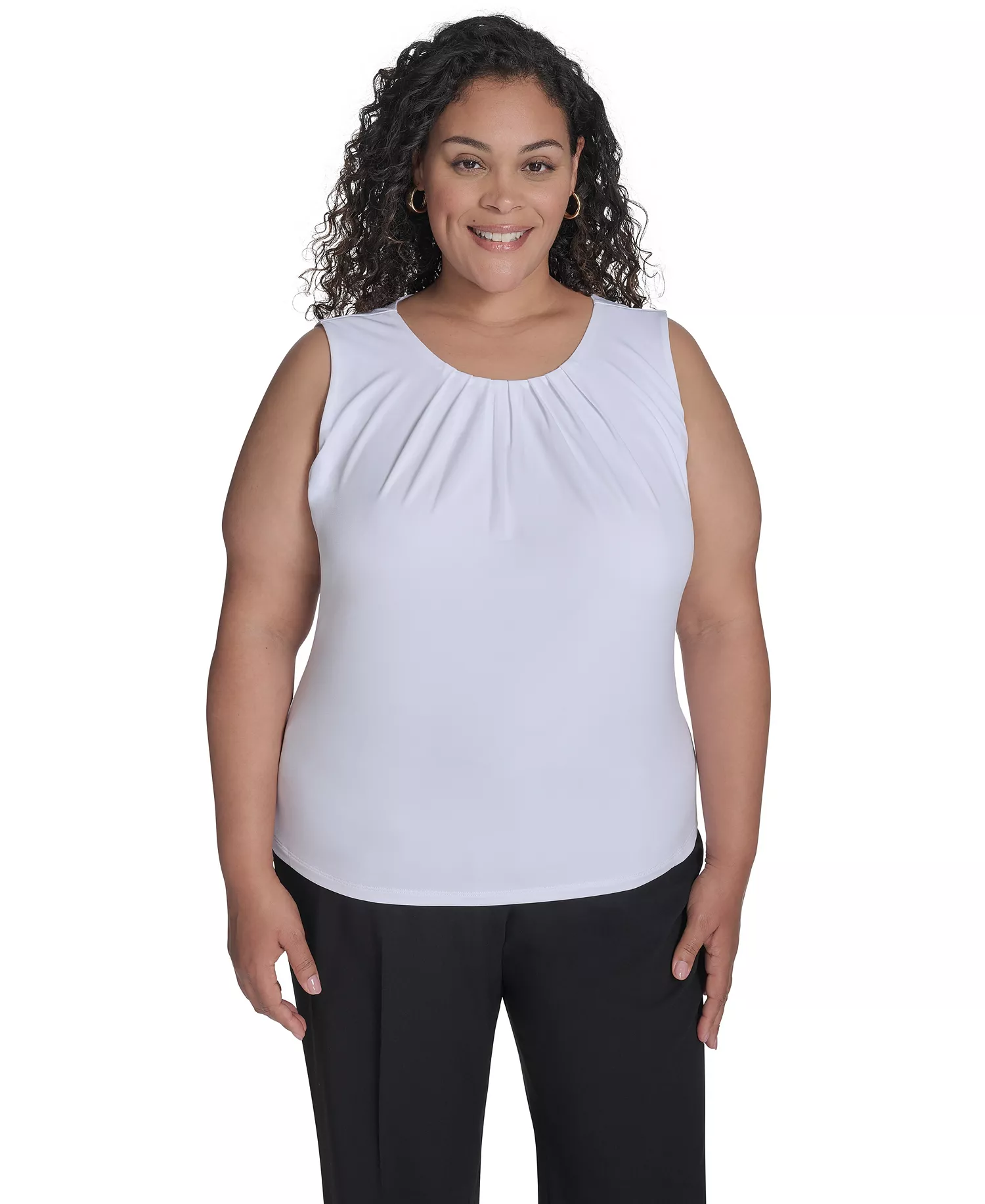Plus Size Sleeveless Pleat-Neck Top - White - 1X