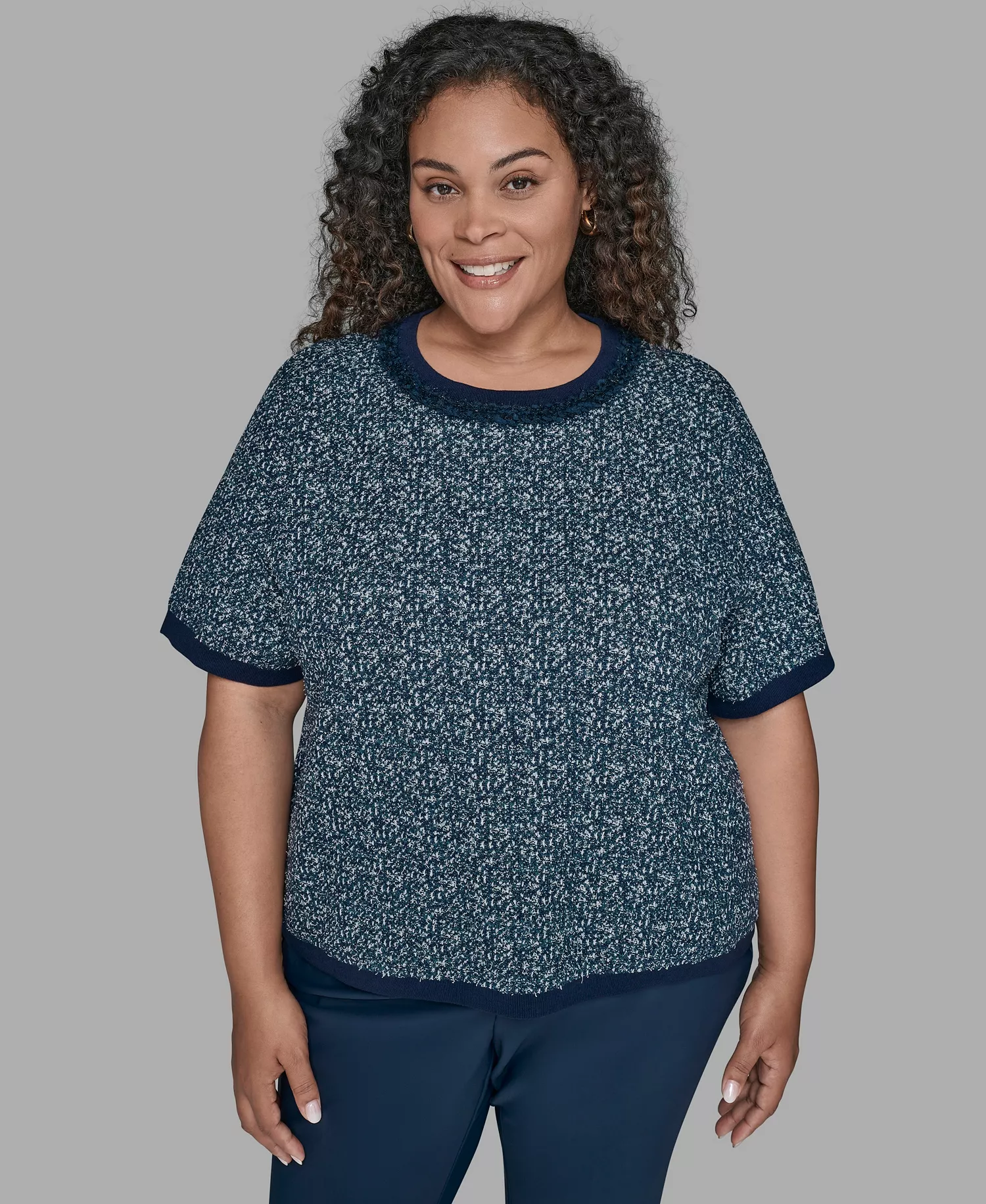 KARL LAGERFIELD PARIS Plus Size Short Sleeve Crew Sweater - Blue Soft White - 0X