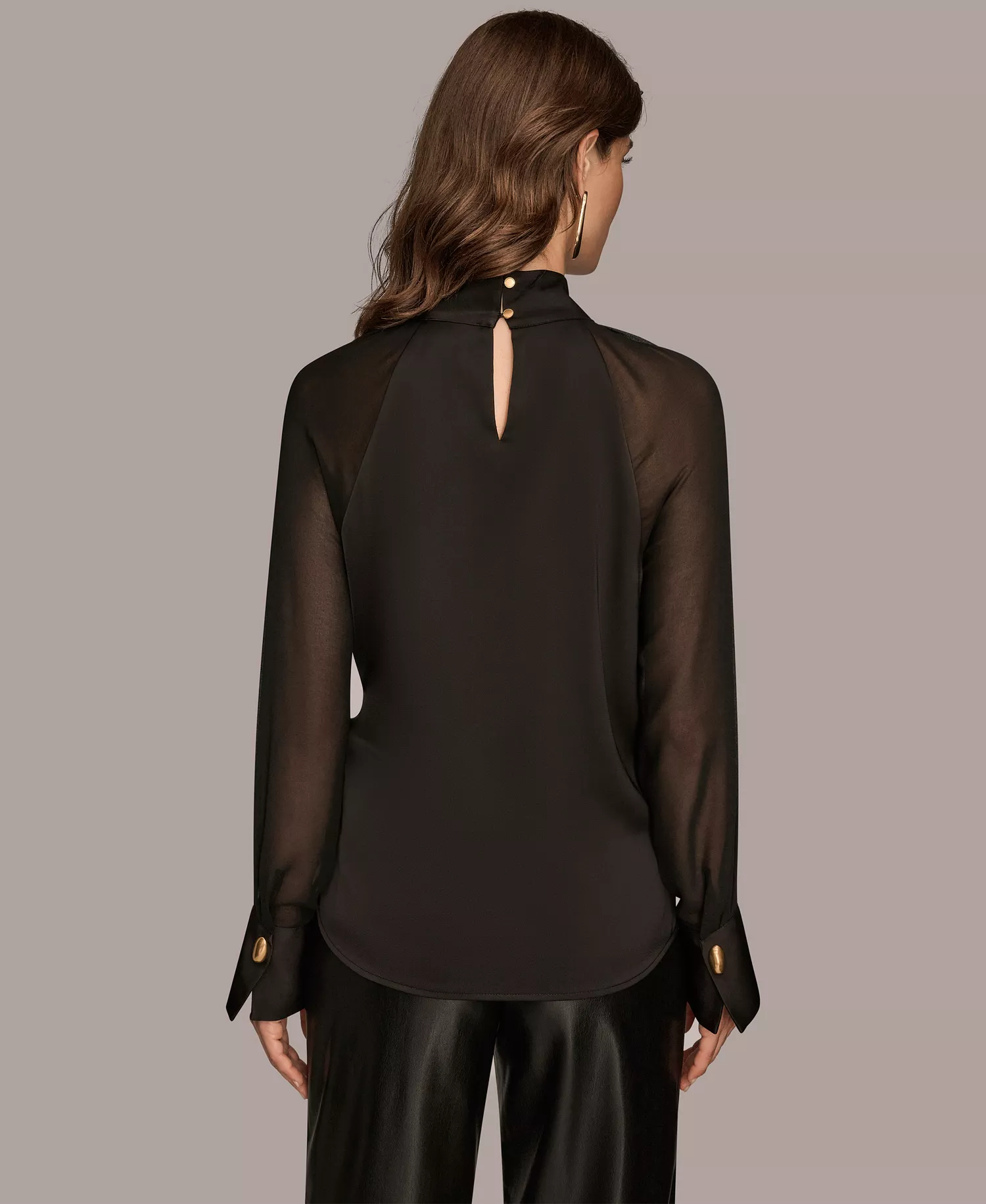 Women's High Neck Mix Media Blouse - Black - S