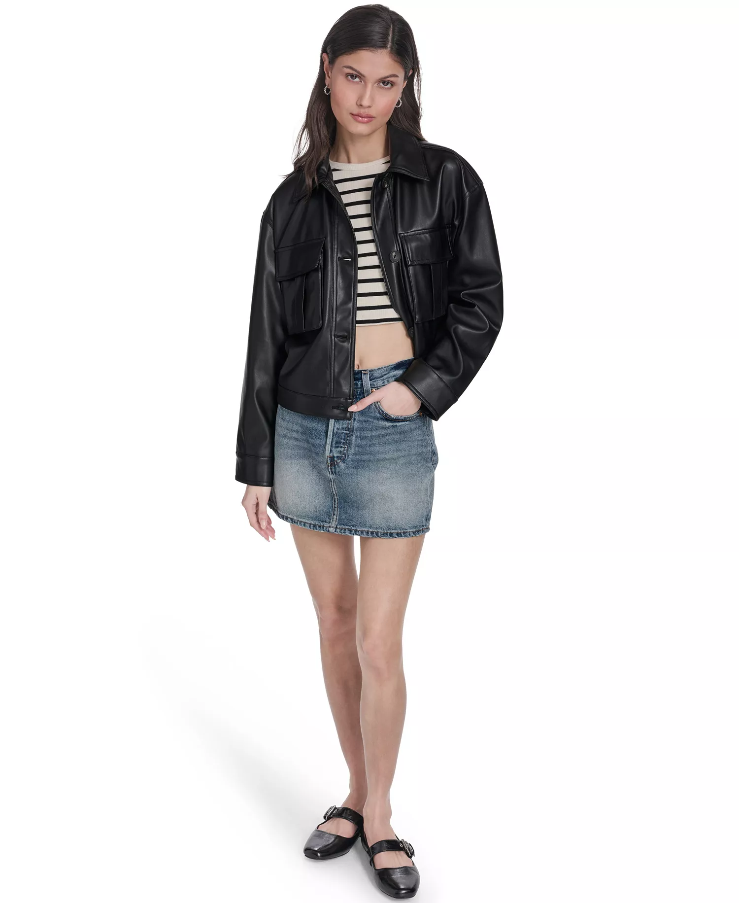Women's Faux Leather Button Closure Shacket - Black - L
