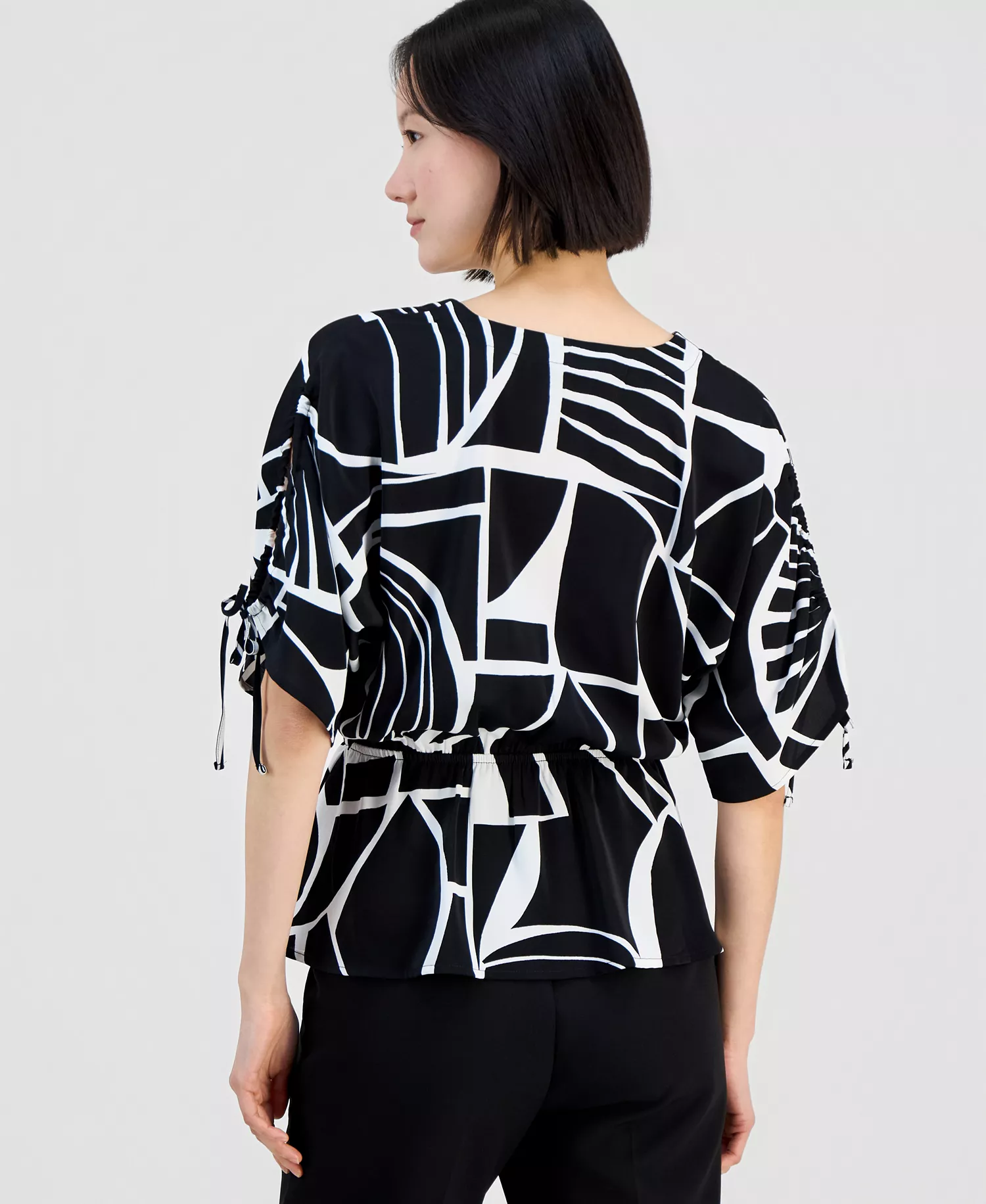 Women's Elbow Sleeve Printed Faux Wrap Top, Macy's Exclusive - Fae Geo Bl - L