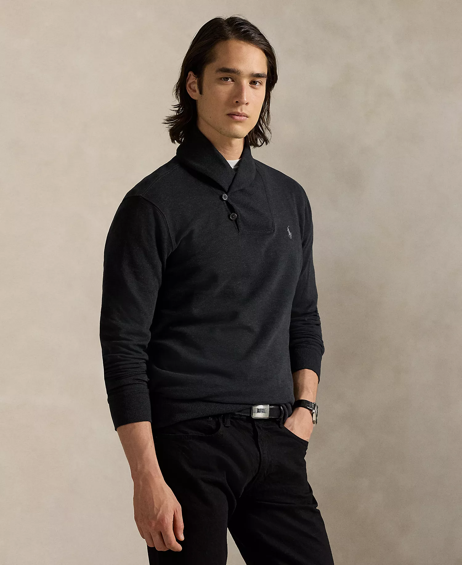Men's Luxury Jersey Shawl-Collar Pullover - Polo Black Heather/c9979 - XS