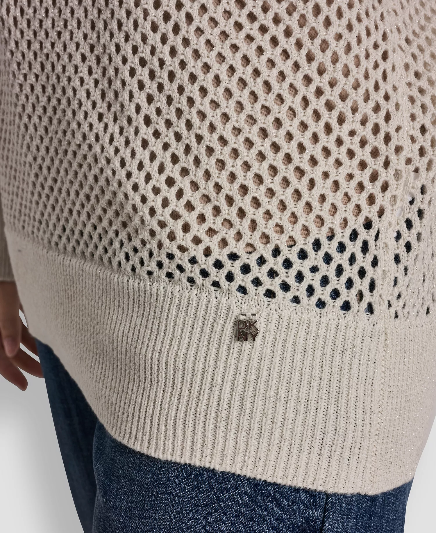 Women's Long-Sleeve V-Neck Open Stitch Lurex Sweater With Logo Charm - Eggnog/Silver - L