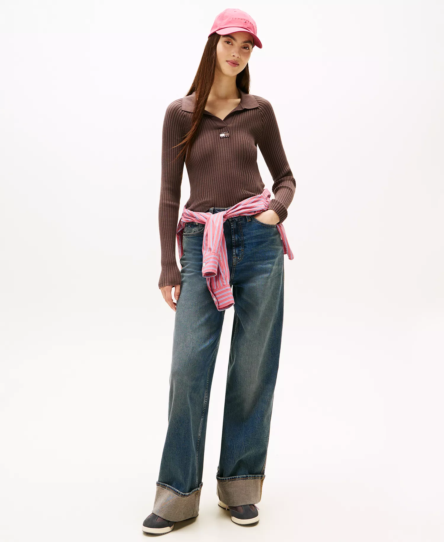 Women's Long-Sleeve Ribbed Collar Polo Top - Black Walnut - L