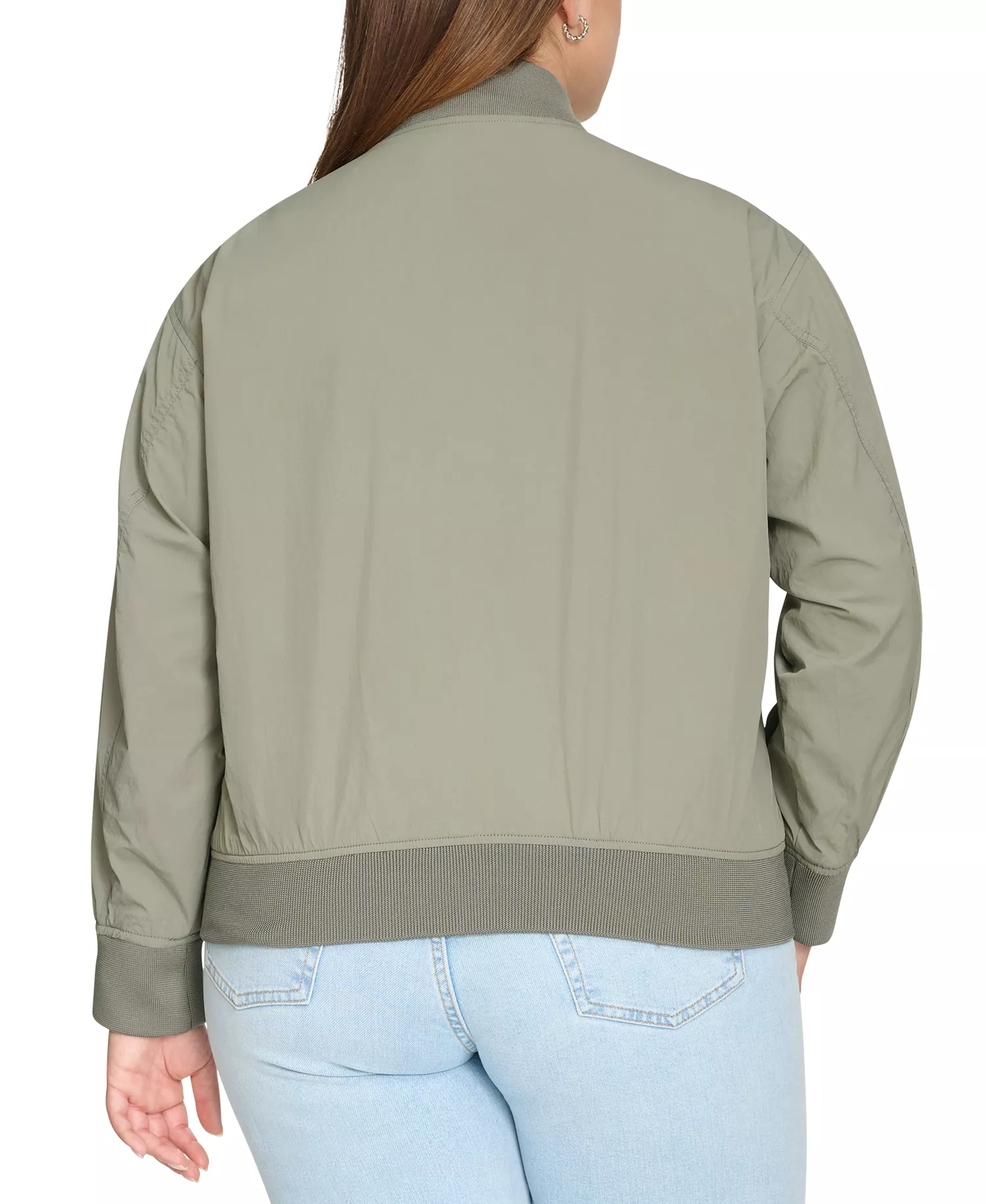 Trendy Plus Size Lightweight Zip-Front Bomber Jacket - Sage - 1X
