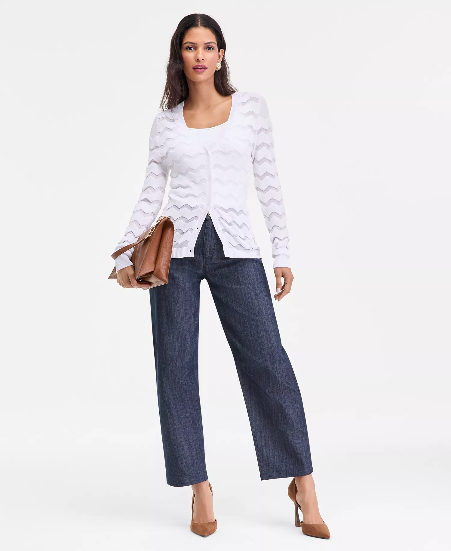 Women's Sheer Chevron Stripe Cardigan, Macy's Exclusive - Bright White - L