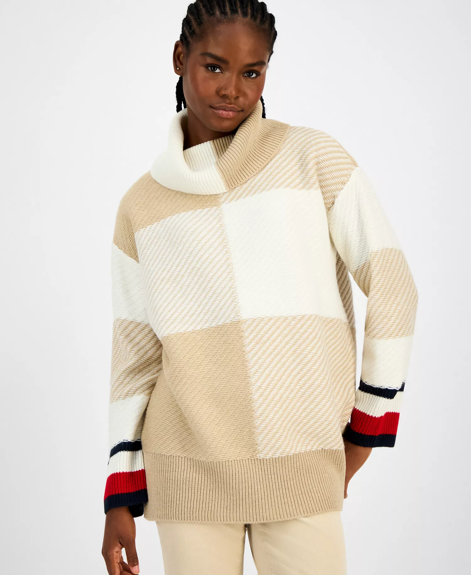 Women's Plaid Cowlneck Sweater  - Light Heather Fawn/ Ivory - L