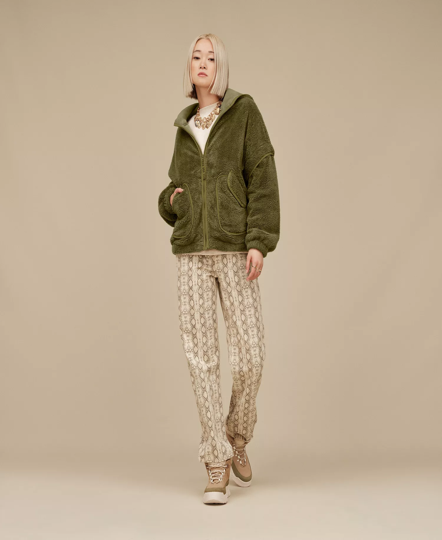 Women's Mariella Fluff Zip Hoodie - Burnt Olive - L