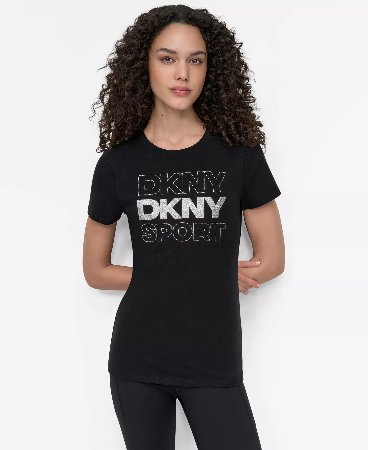 DKNY Women's Sport Glitter Logo Crew Neck T-shirt - Black/silver - L