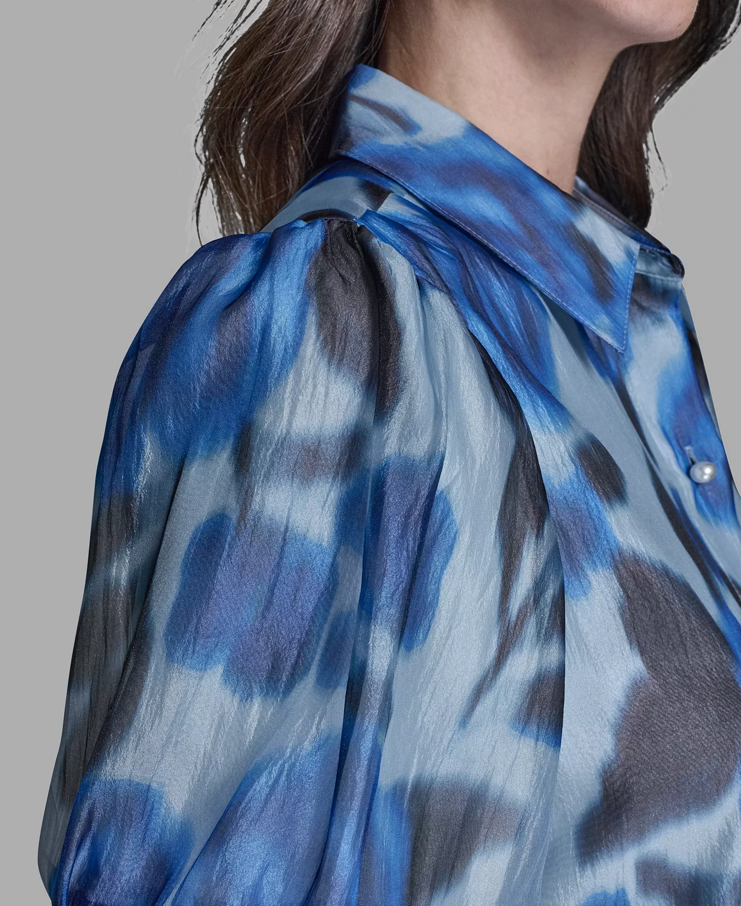 Women's Organza Collared Top - French Blue Multi - L