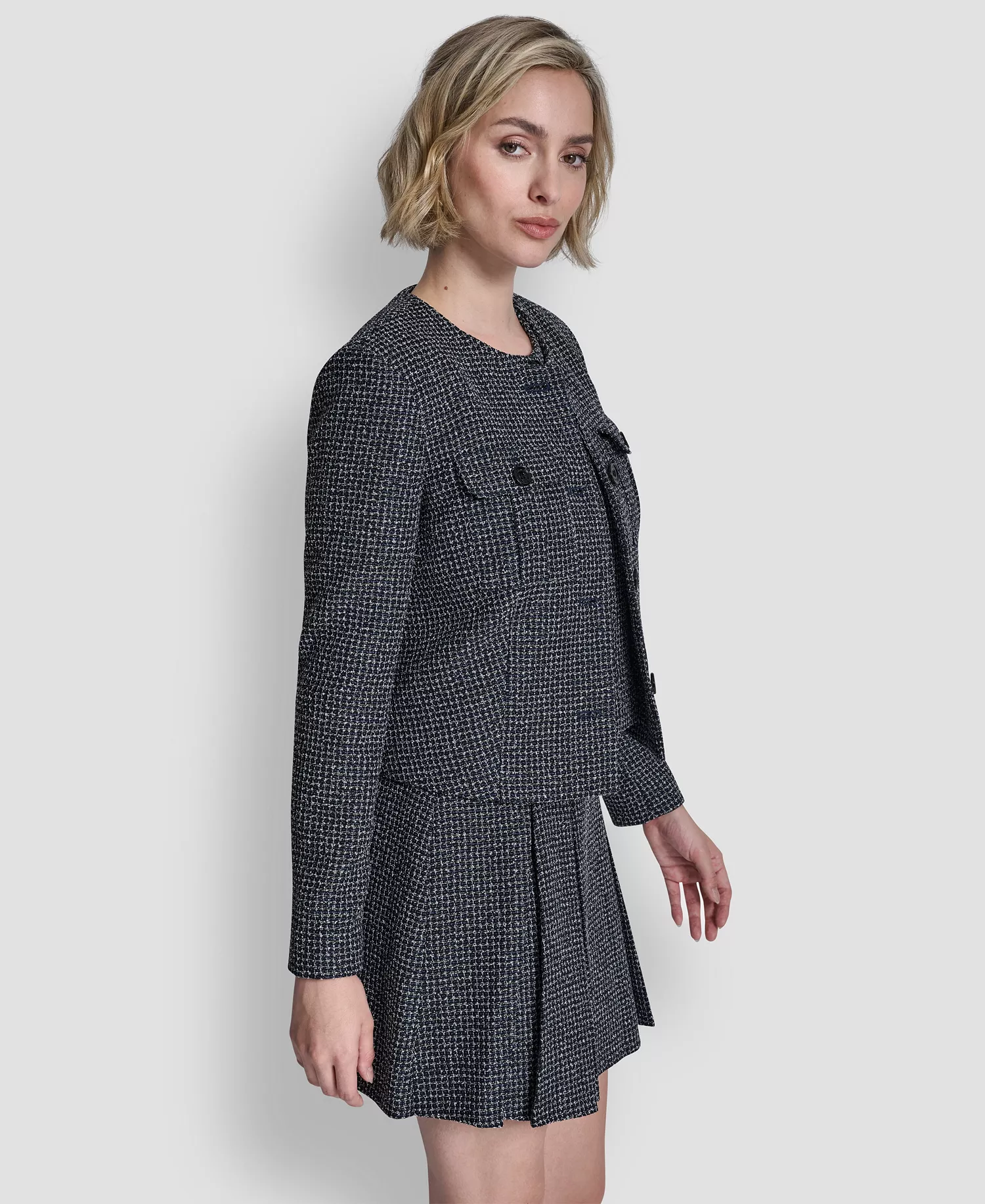 Women's Collarless Cropped 4-Button Jacket - Navy Combo - 10