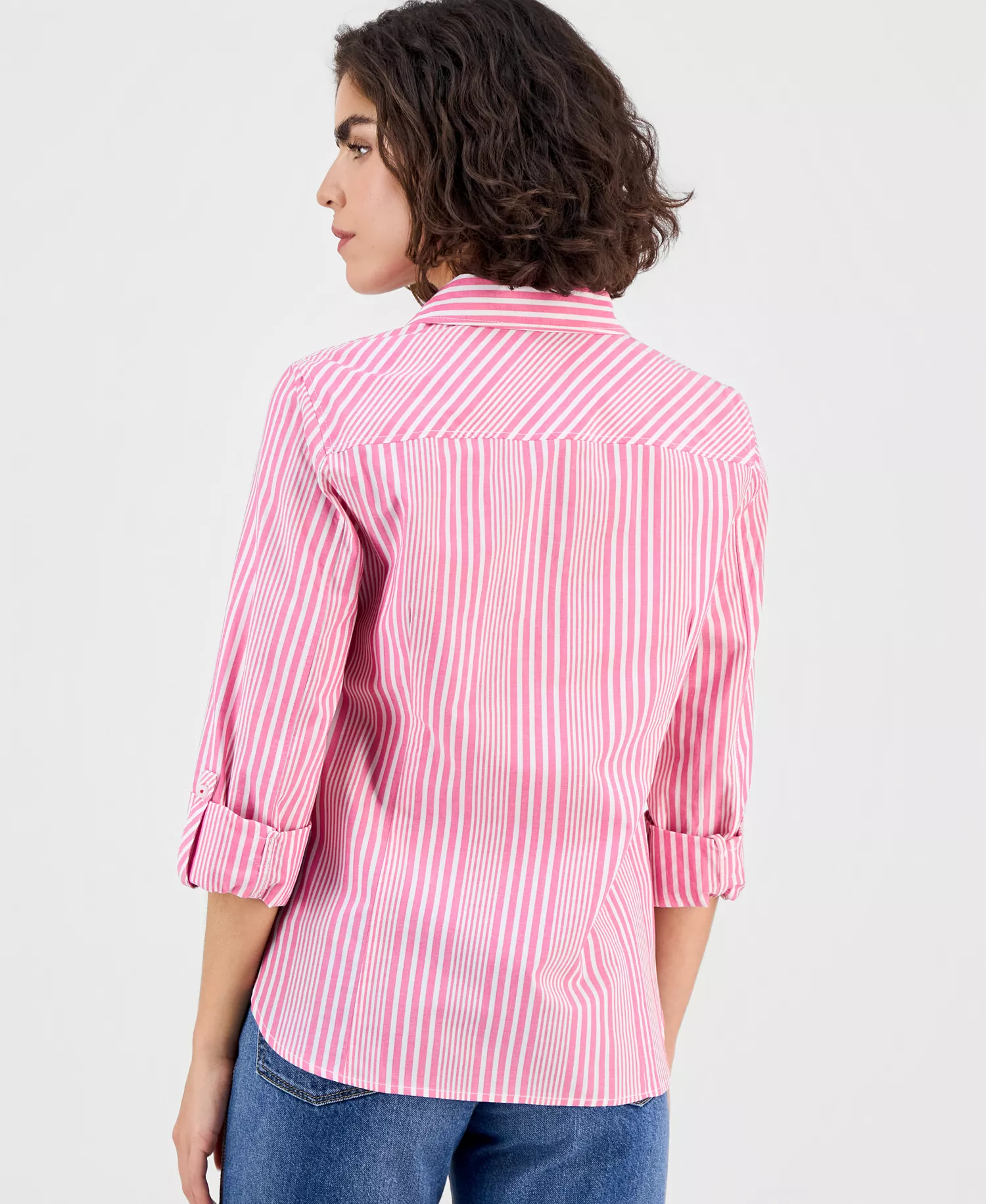 Nautica Women's Springfield Stripe Roll-Tab Shirt - Aster Pink Multi - L