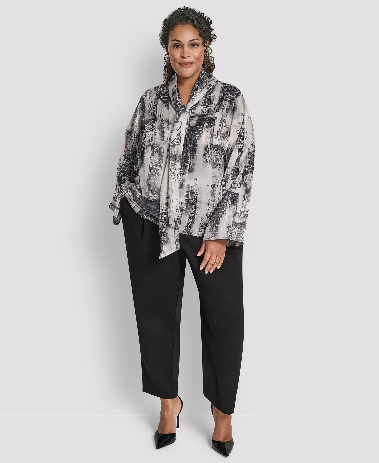 Plus Size V-Neck Long Sleeve Top - Graphite/Stone Gray Multi - 1X
