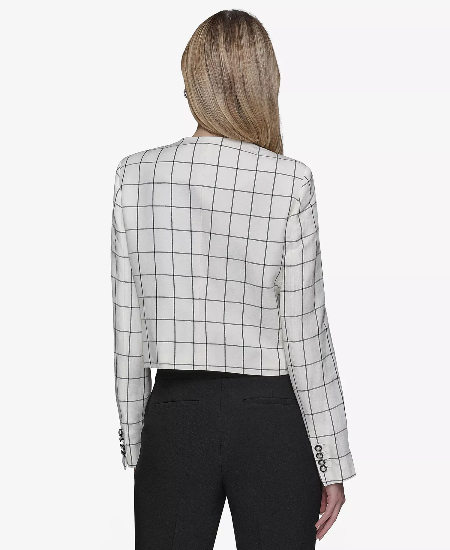 Women's Linen-Blend Windowpane-Print Jacket - Soft White/ Black - 0