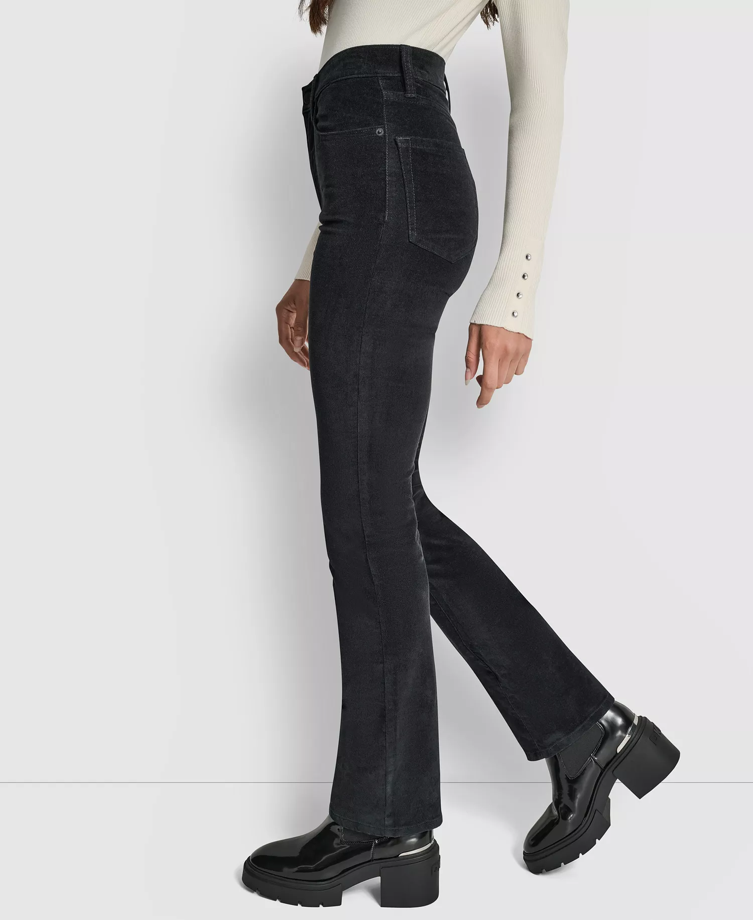 Petite High Rise Corduroy Bootcut Pants - Black - 24P