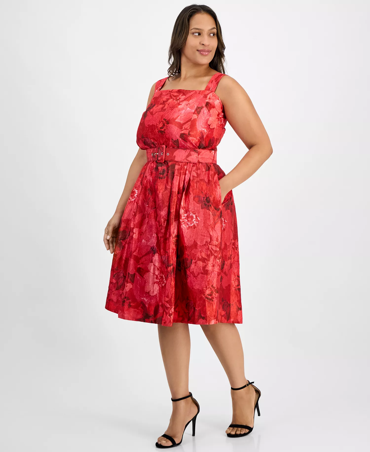 Plus Size Jacquard Belted Fit & Flare Dress - Crimson Floral - 14W