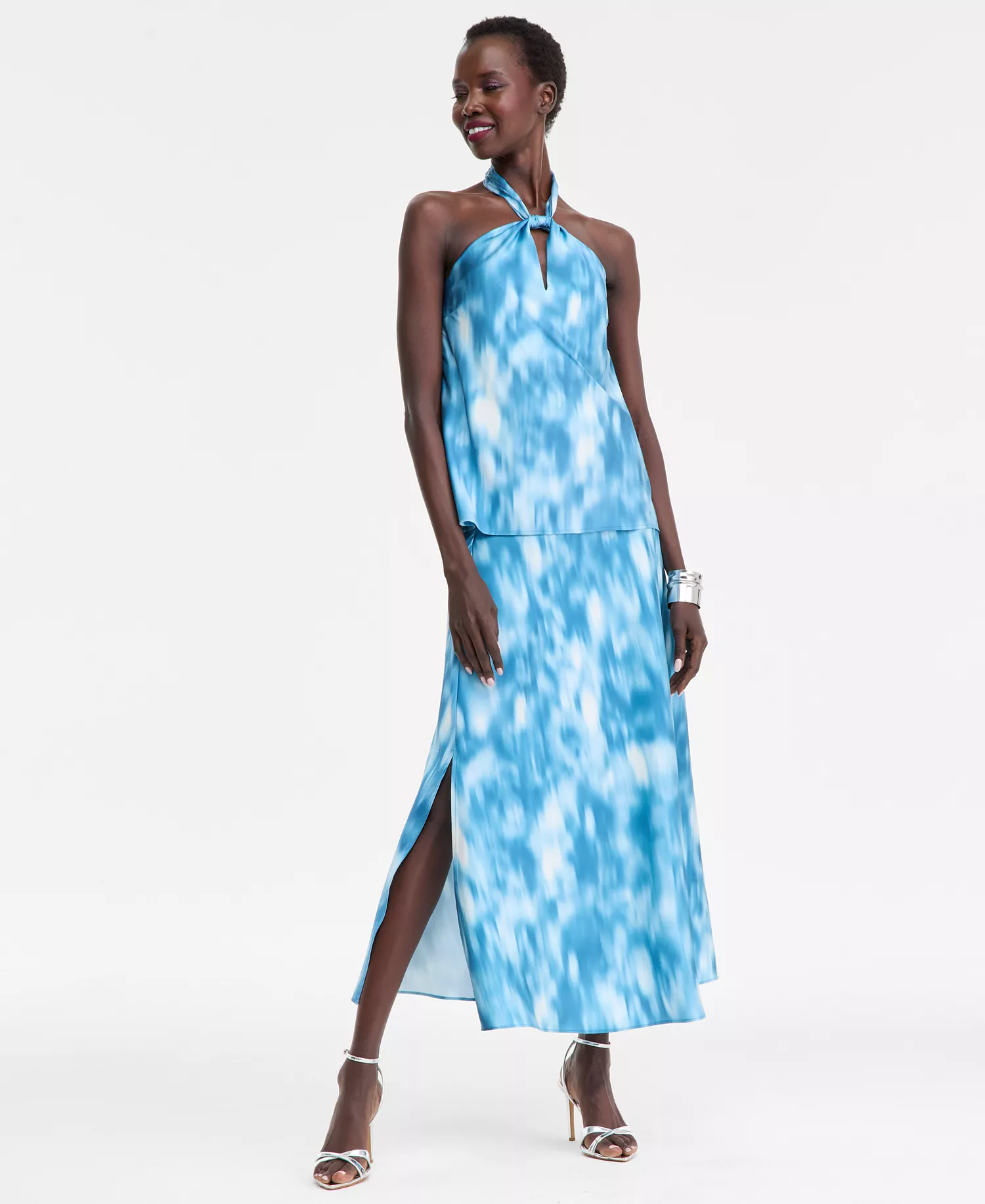 Women's Printed Satin Knotted Halter Top, Macy's Exclusive - Blue - L