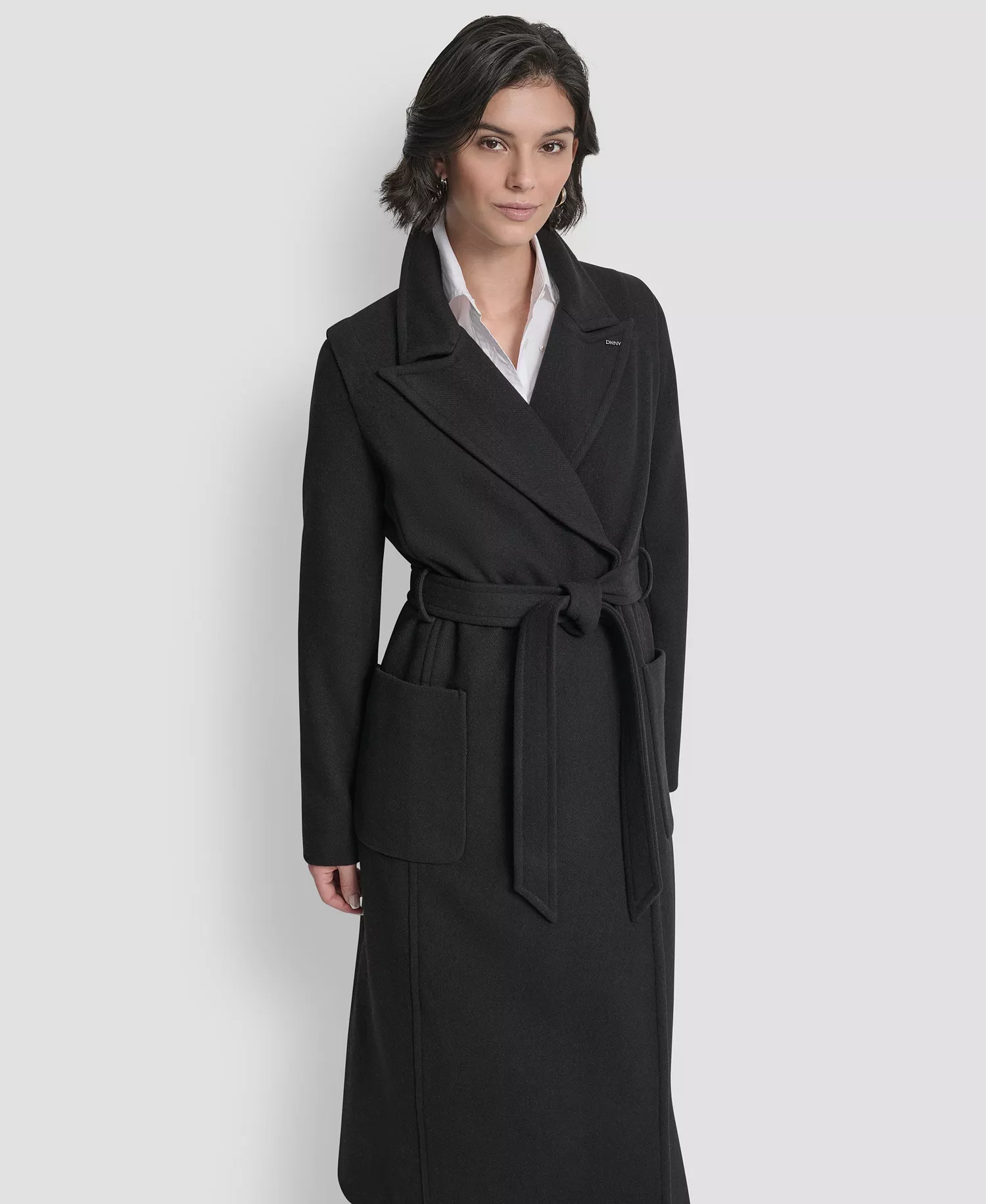 Women's Notch Collar Belted Wrap Coat - Black - L
