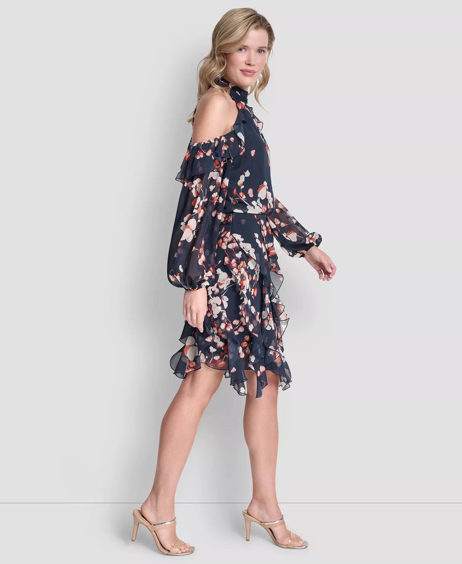 Petite Mock Neck Ruffles Short Dress - Great Lawn Indigo Multi - 0P