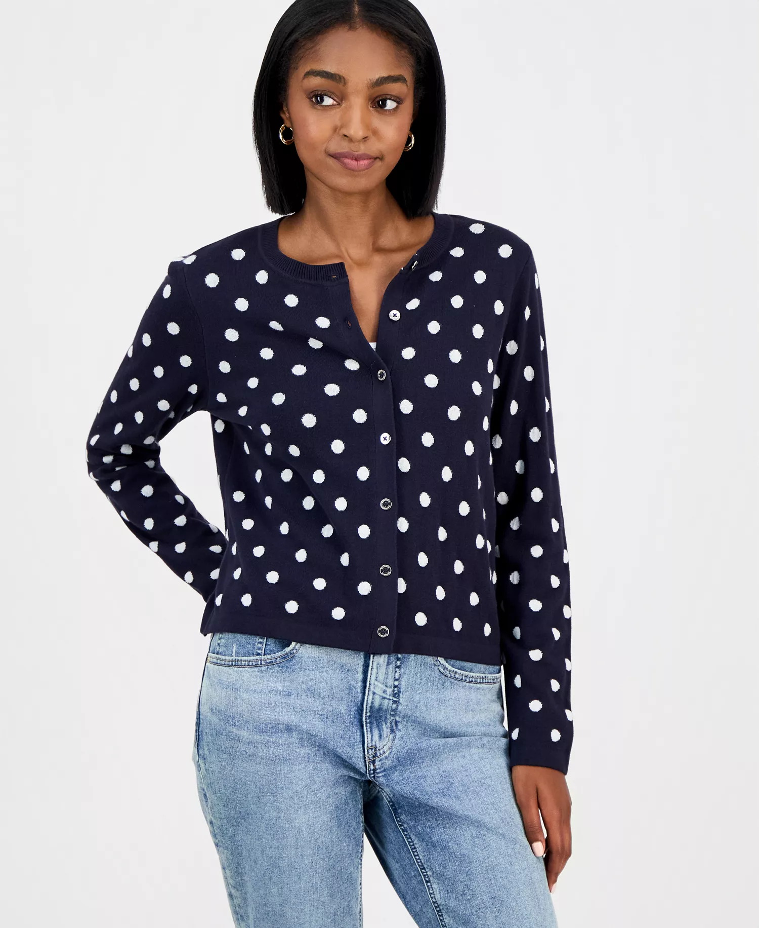 Nautica Women's Dot-Print Button-Front Cotton Cardigan  - Night Sky/ Ivory - L