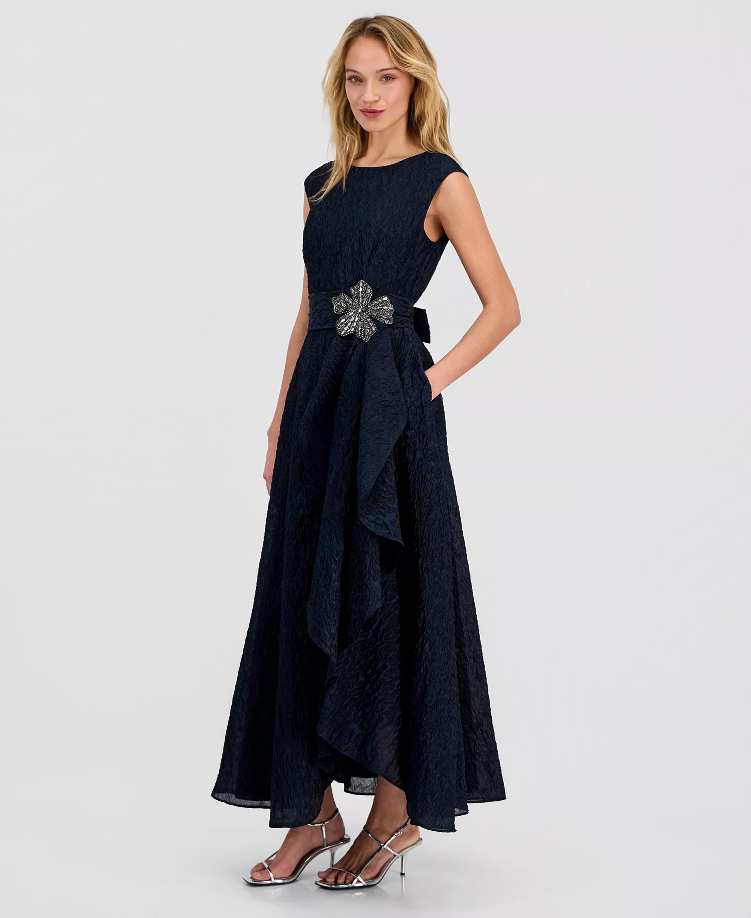 Women's Crinkle Taffeta Beaded Flower Gown - NAVY - 10