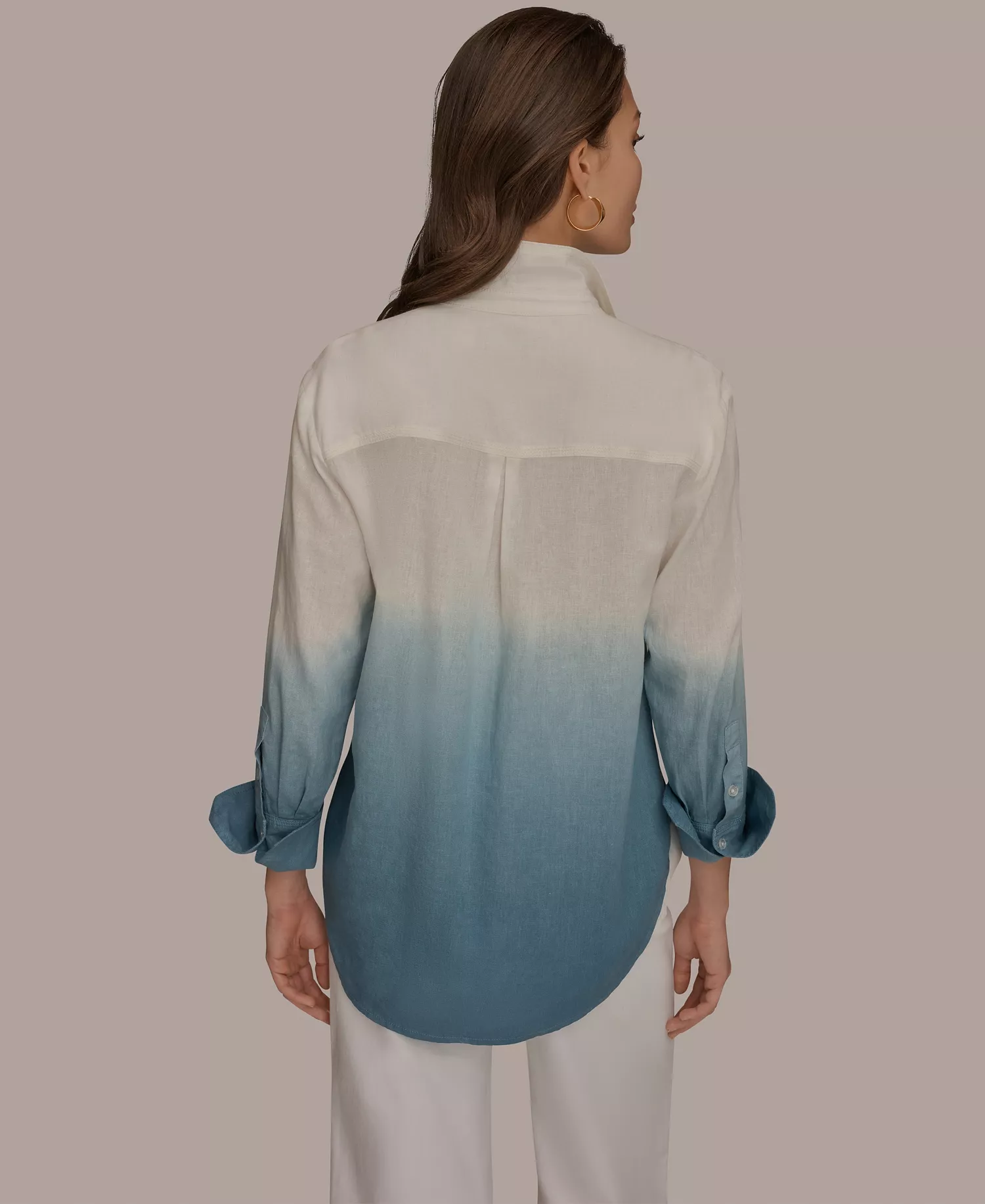 Women's Linen Dip Dye Long Sleeve Button Front Shirt - Washed Indigo Dip Dye - L