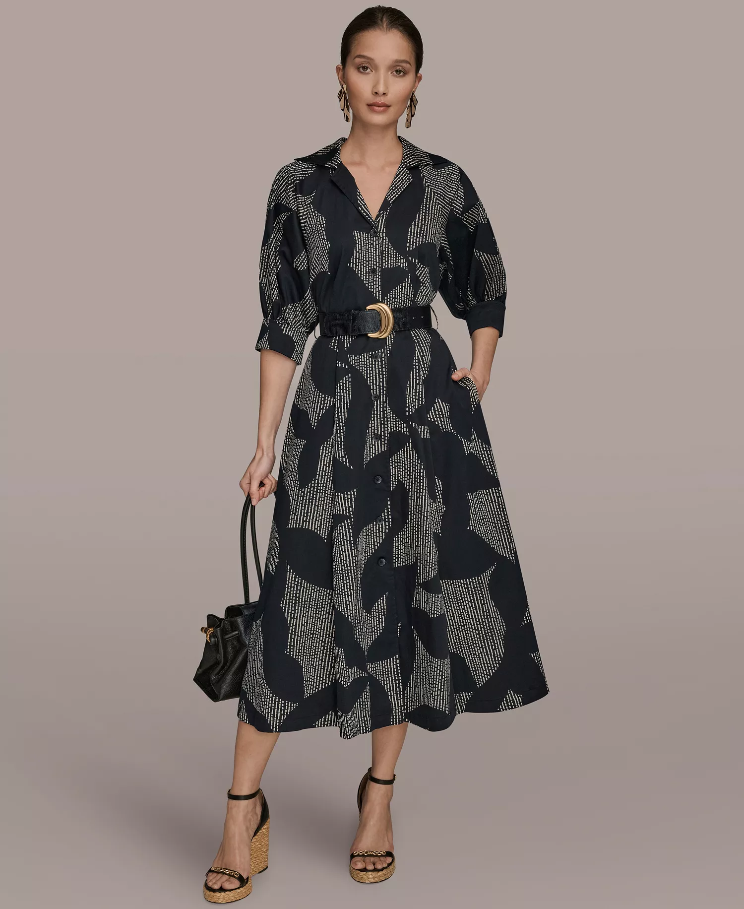 Women's Spread Collar Midi Shirt Dress - Black/Sand - 10