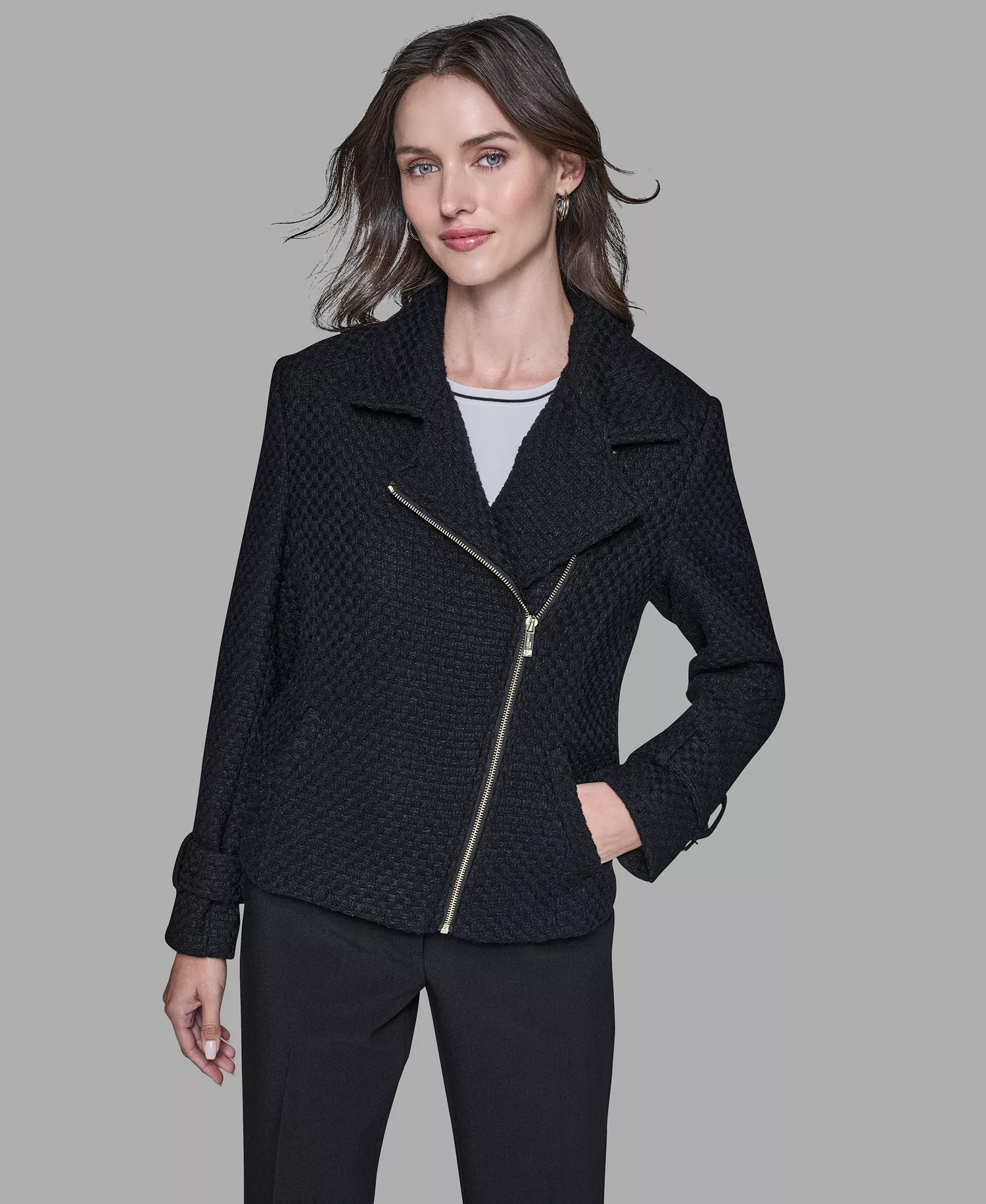Women's Exposed Zipper Tweed Moto Jacket - Black - L