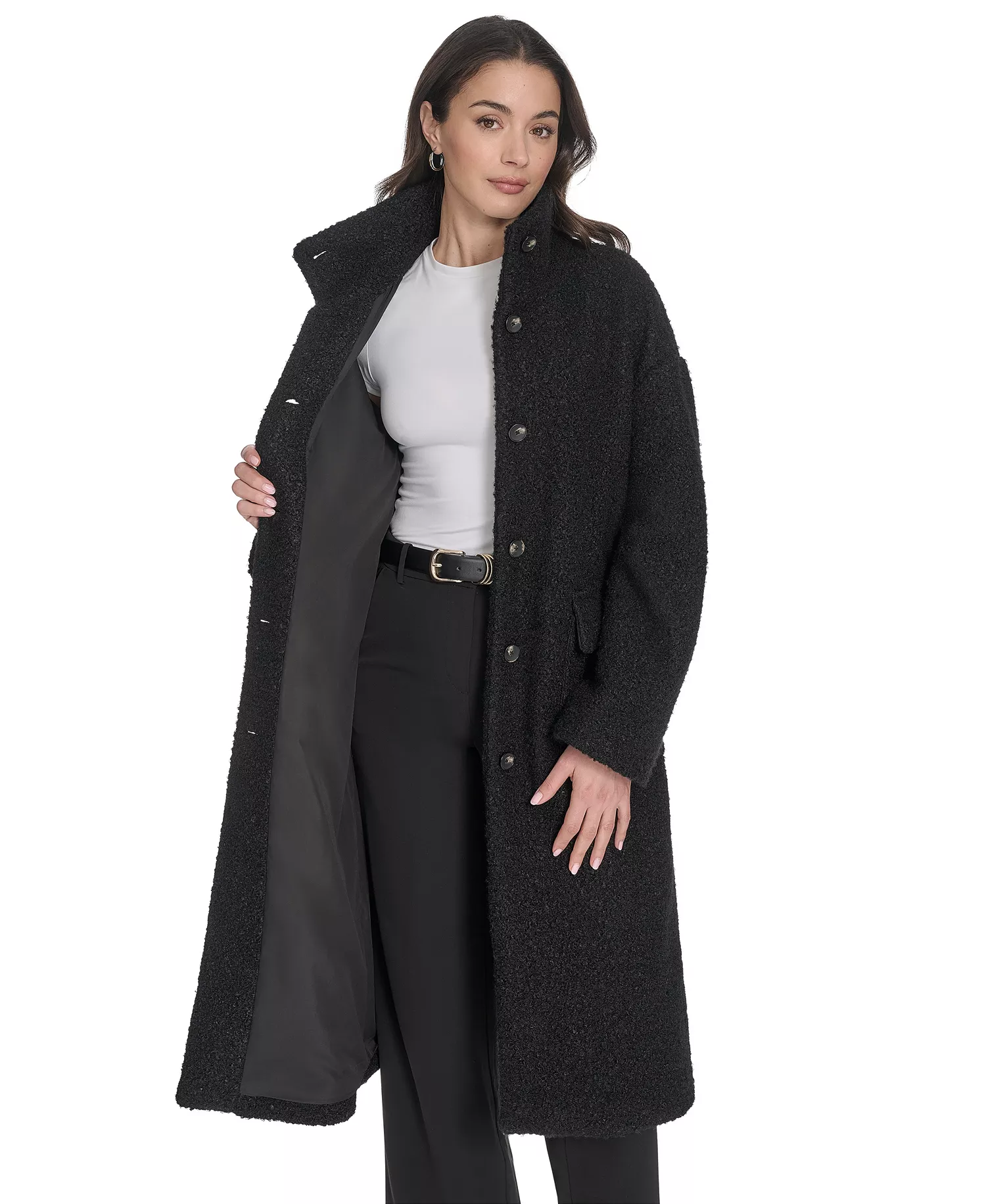 Women's Regular Boucle Stand Collar Car Coat - Black - L