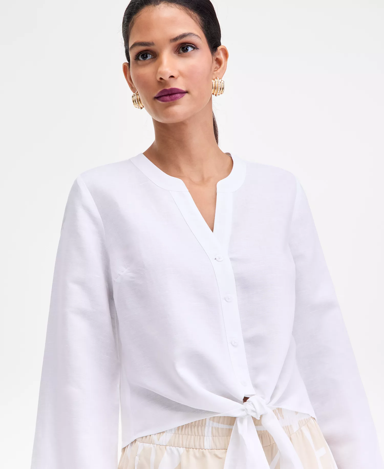 Women's Linen Tie-Front Button-Down Shirt, Macy's Exclusive - Bright White - L