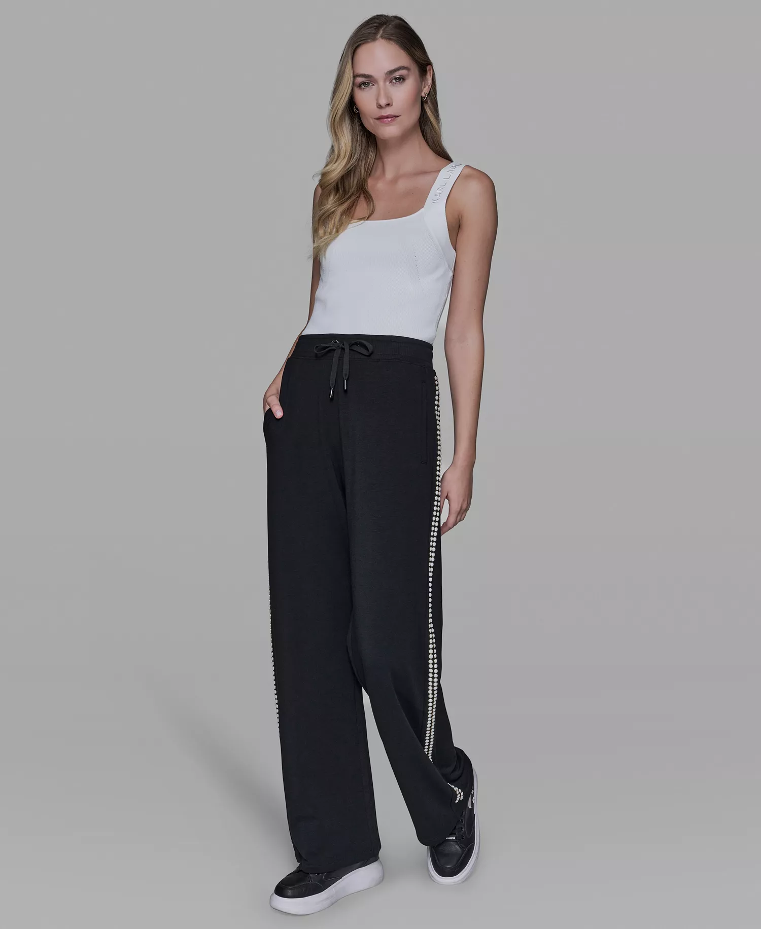 Women's Pearl Trim Mid Rise Track Pants - Black - L