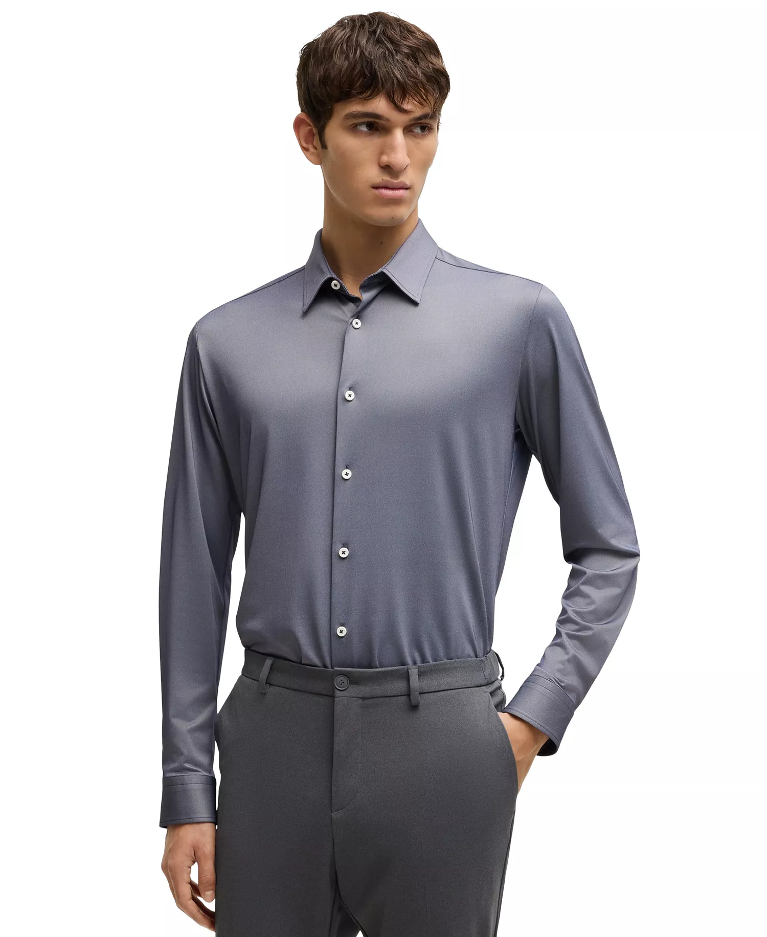 Men's Slim-Fit Performance-Stretch Shirt - Dark Blue - L