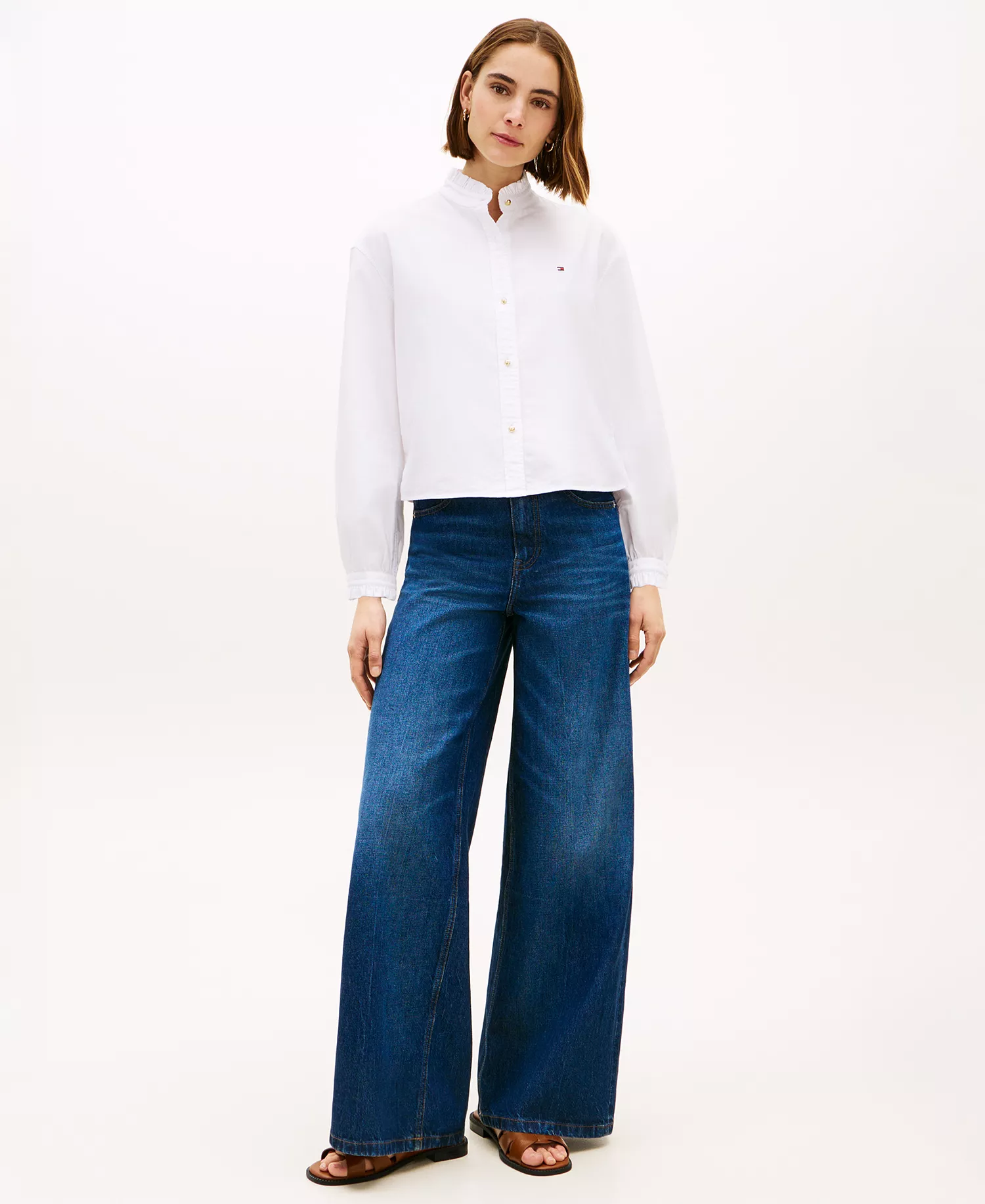 Women's Cropped Ruffled Oxford Collared Shirt - Optic White - 34