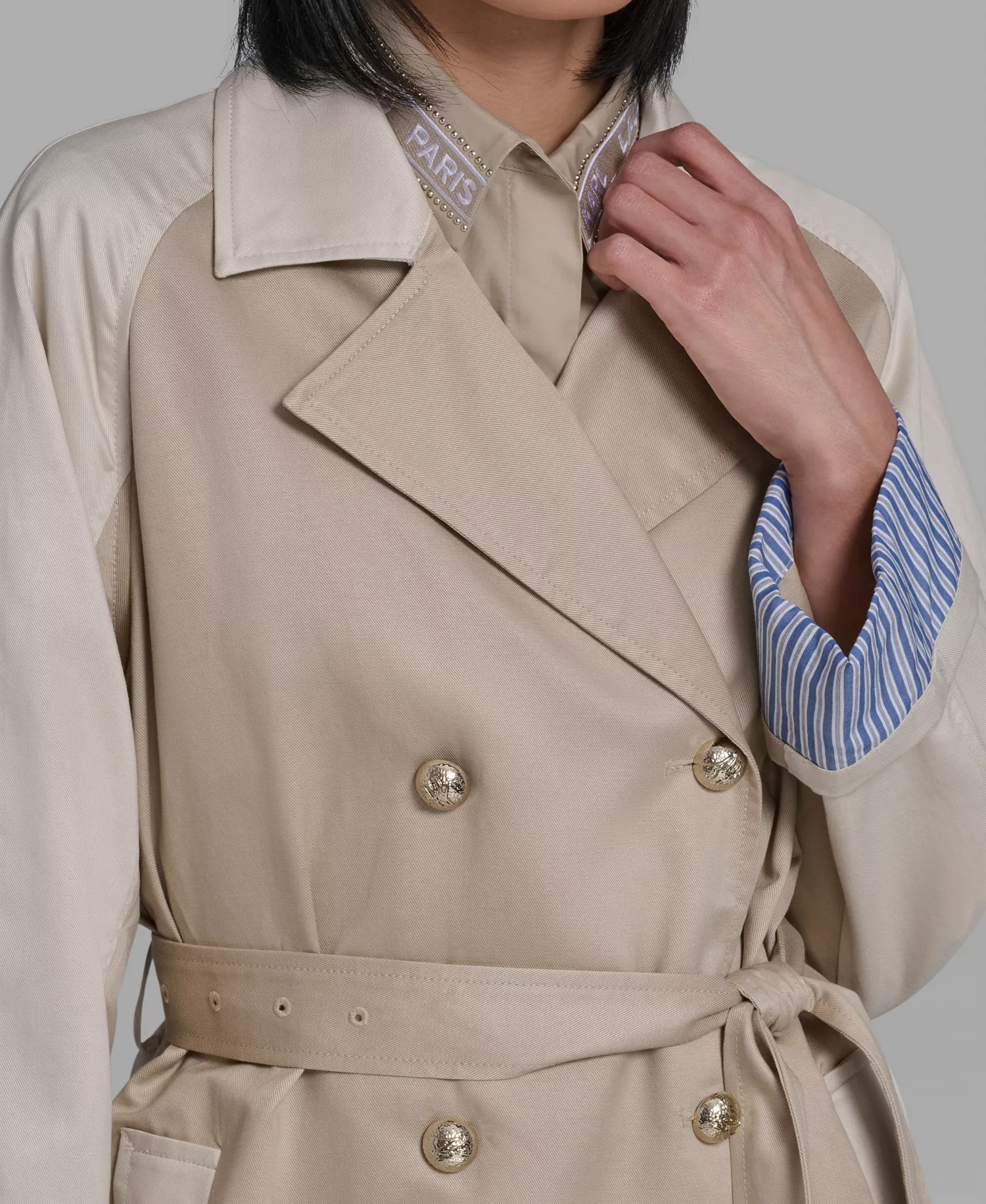 Women's Color Block Collared Trench Coat - French Beige - L