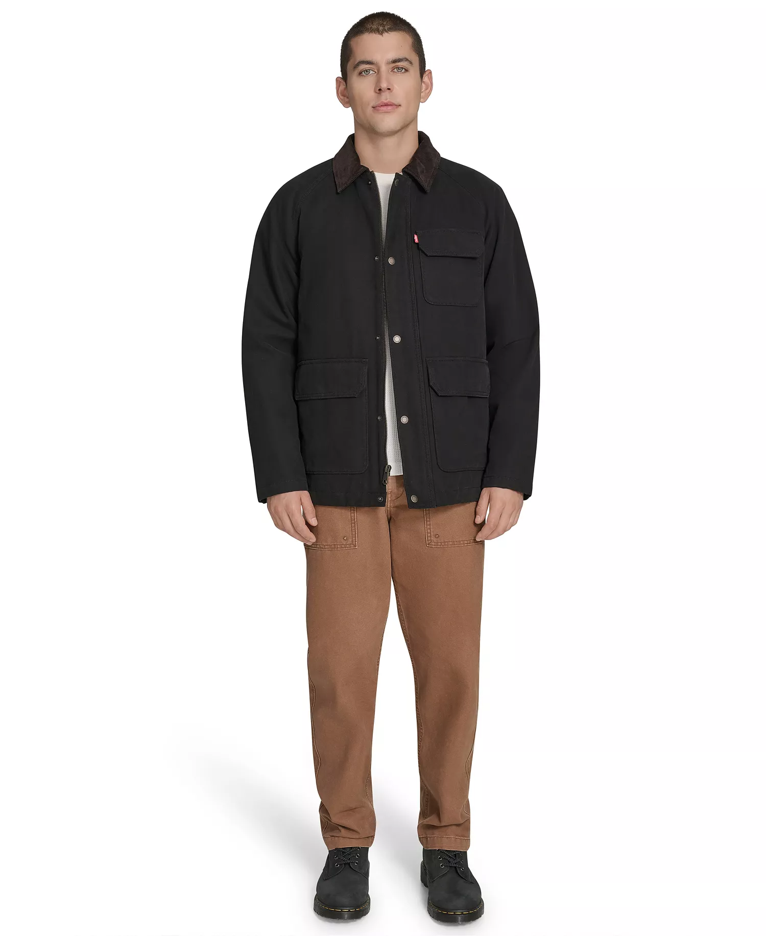 Men's Cotton Canvas with Corduroy Collar Barn Jacket  - Black - S