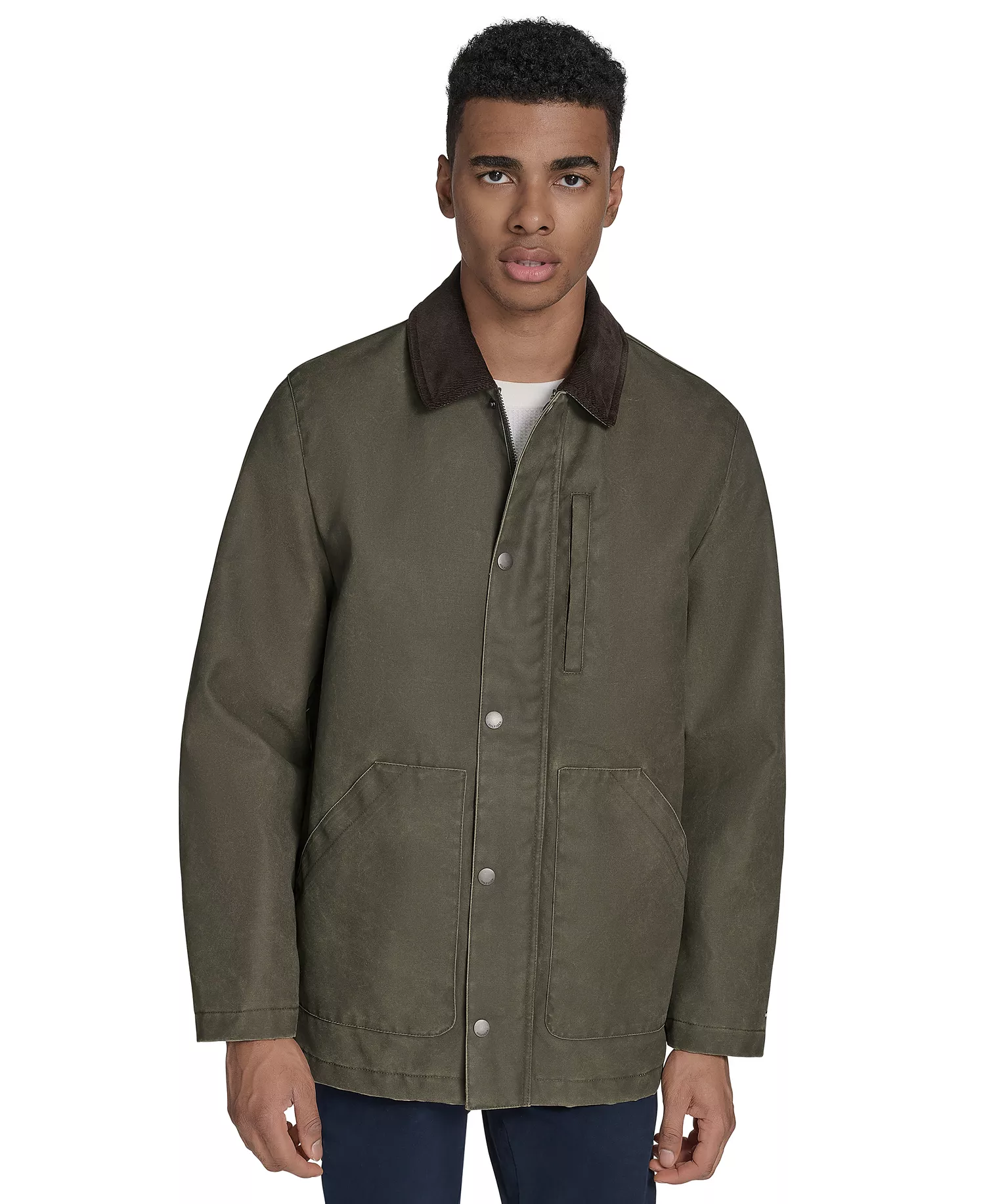Men's Cotton Barn Coat with Corduroy Collar - Forest Night - L