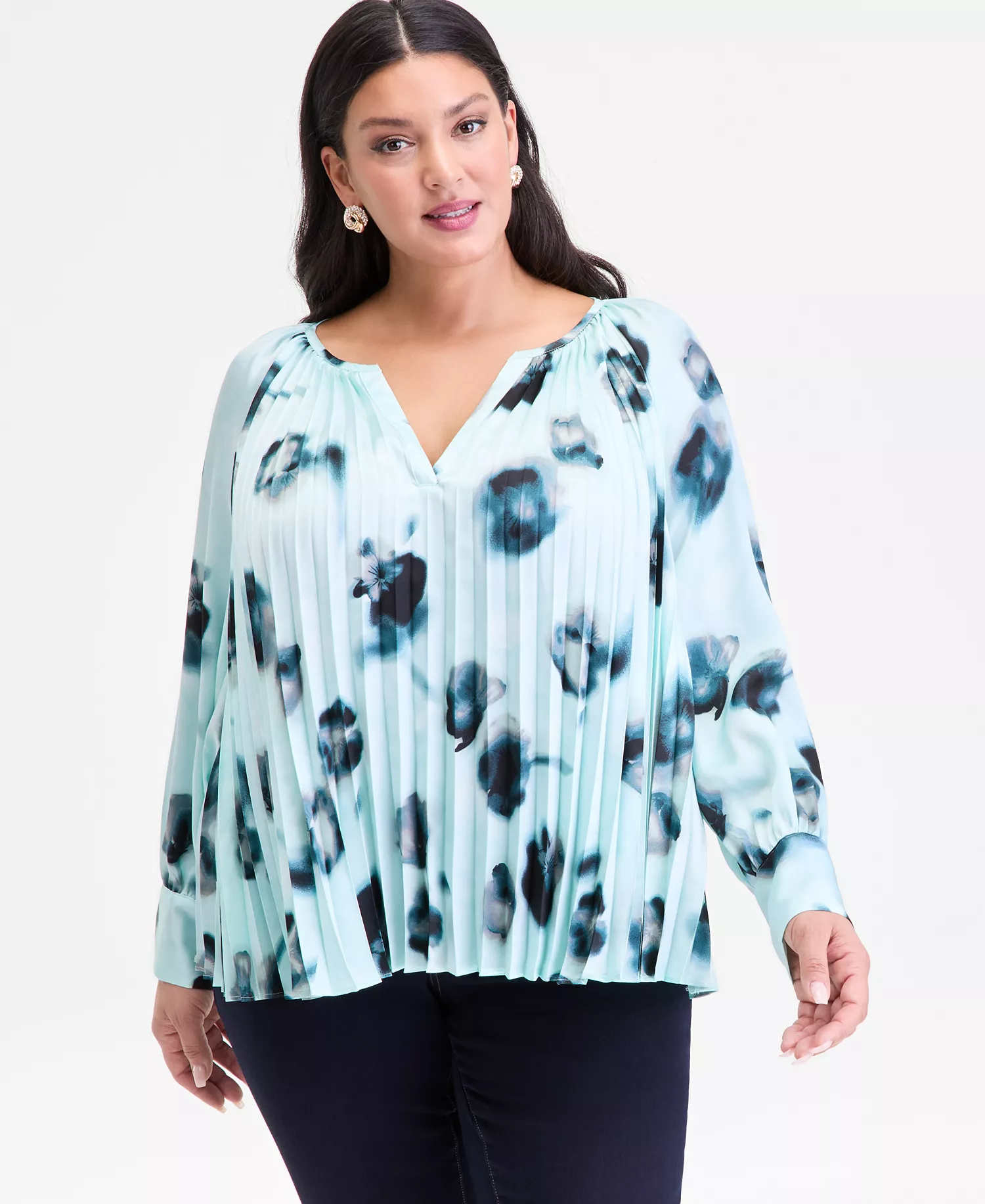 Plus Size Printed Pleated Split-Neck Blouse, Macy's Exclusive  - Millie Garden - 0X