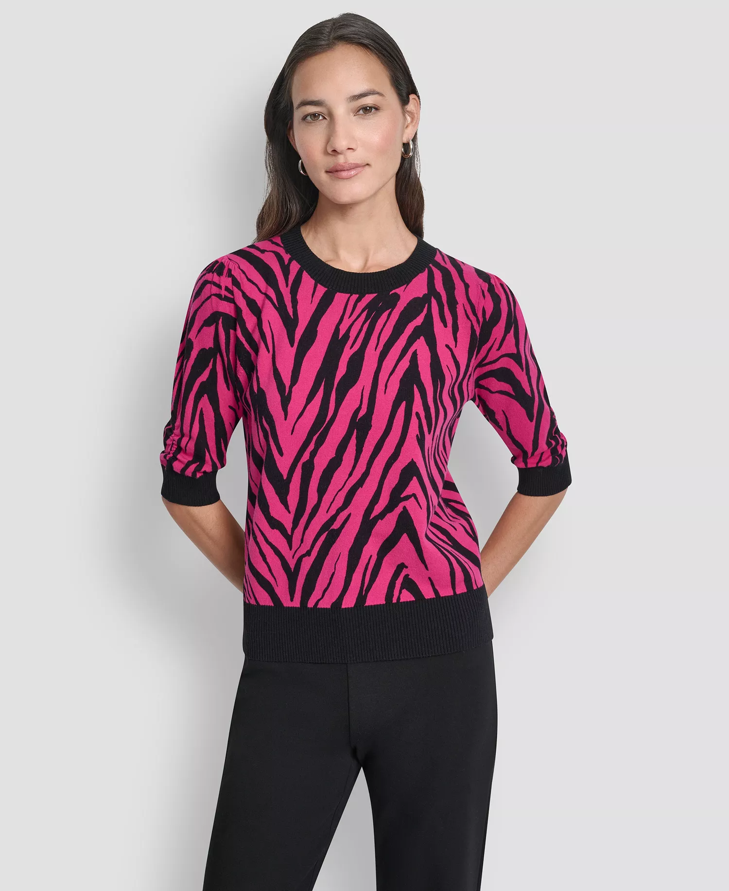 Women's Zebra Print Crew Neck Sweater - Fuchsia/black - L