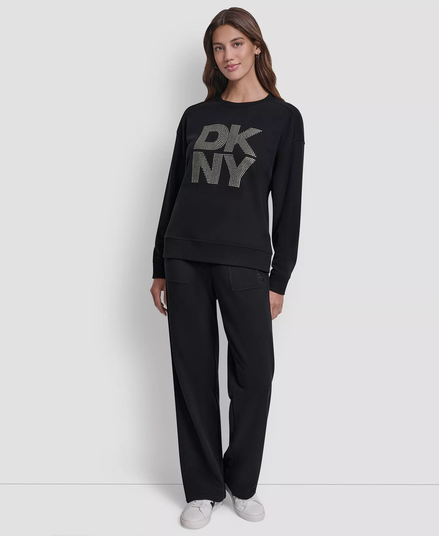 Women's Rhinestone Logo Cotton Crewneck Sweatshirt - Black/Smoke Silver - L