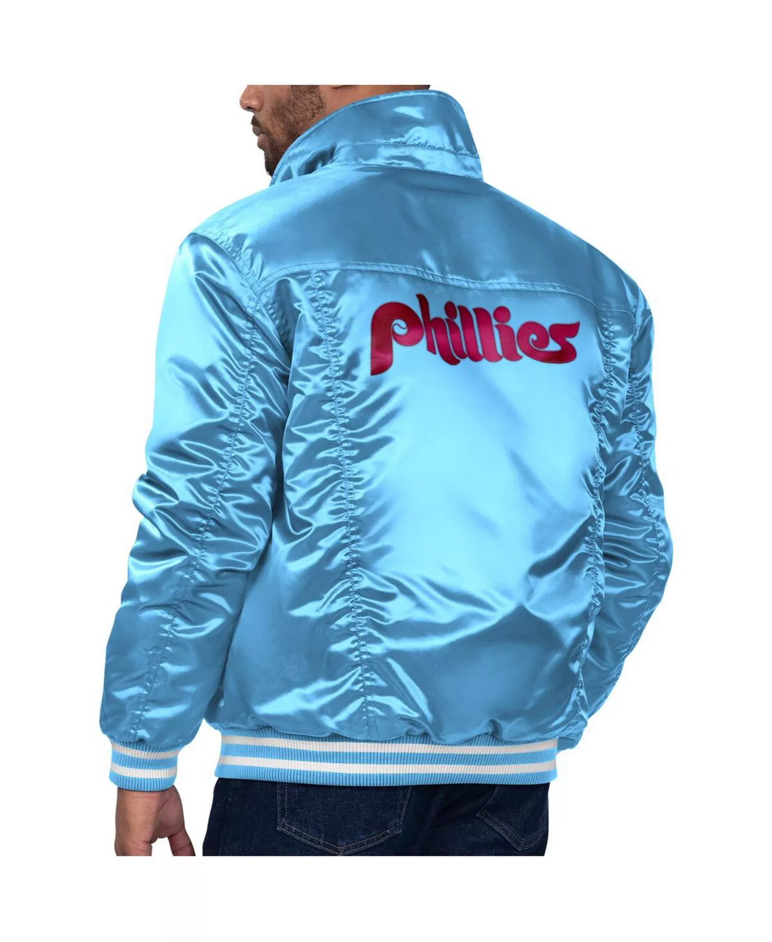 Levi’s x Starter Men's Light Blue Philadelphia Phillies Silver Tab Satin Full-Snap Trucker Jacket - Light Blue - XL