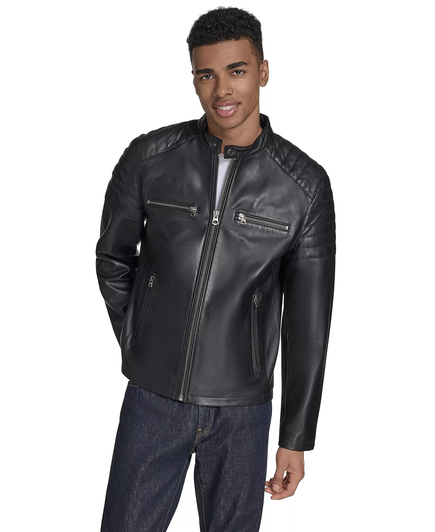 Men's Leather Racer Jacket - Black - 2XL
