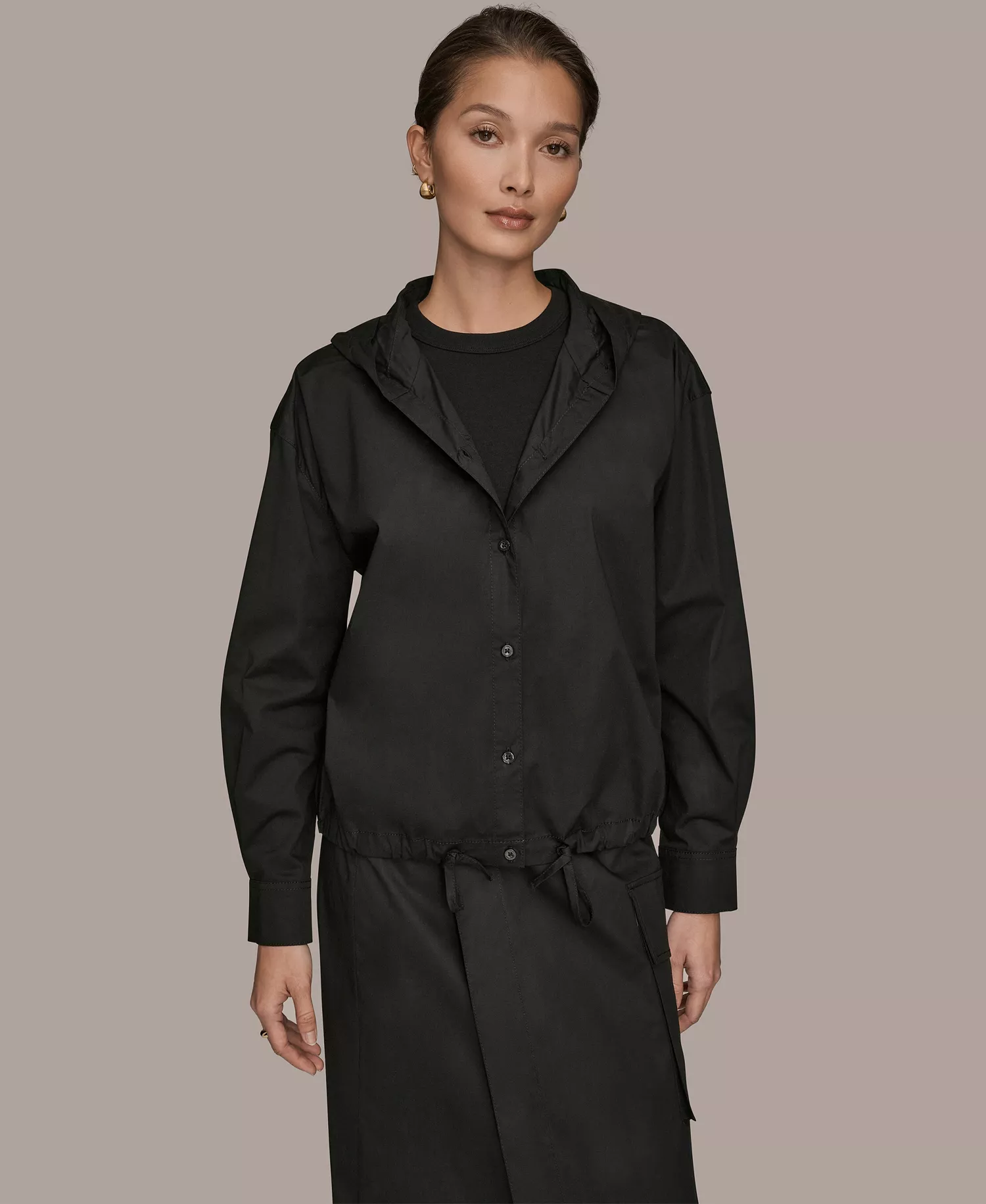 Women's Stretch Poplin Front Button Hooded Jacket - Black - L