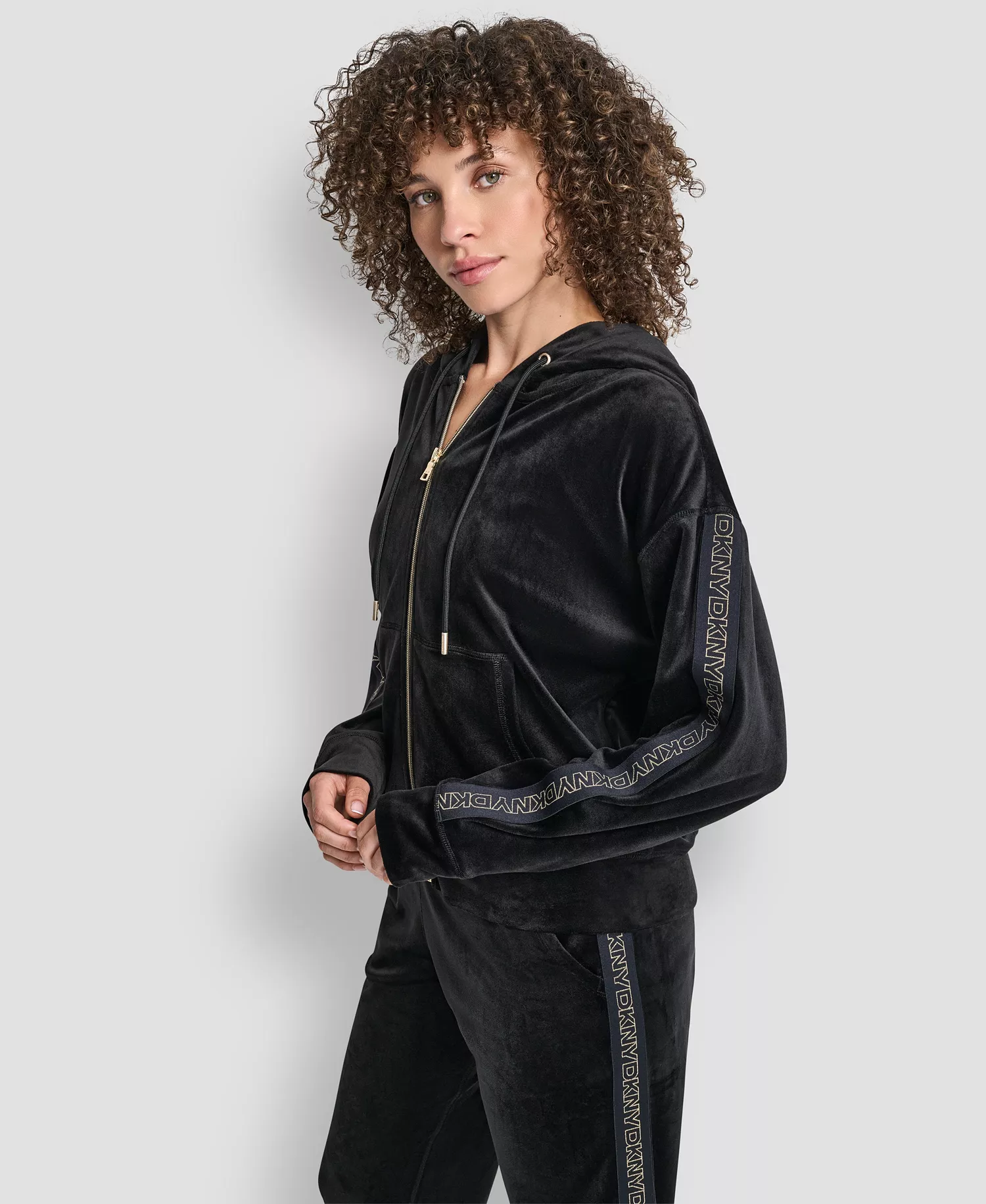 Women's Metallic Super Soft Velour Logo Elastic Full Zip Hoodie - Black/Light Gold - M