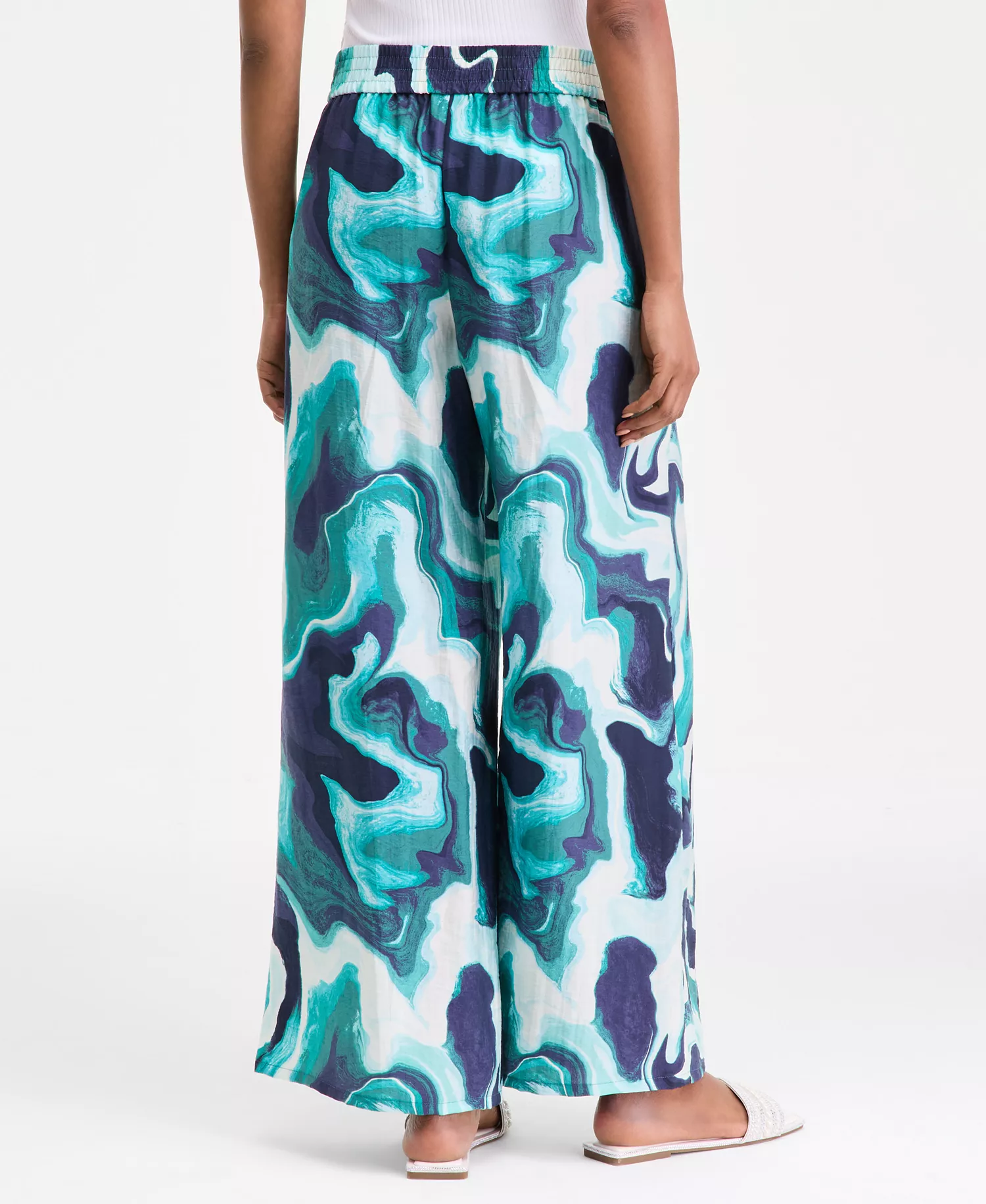 Women's Printed Pull-On Wide-Leg Pants, Macy's Exclusive - Hattie Dye Teal - L - Regular