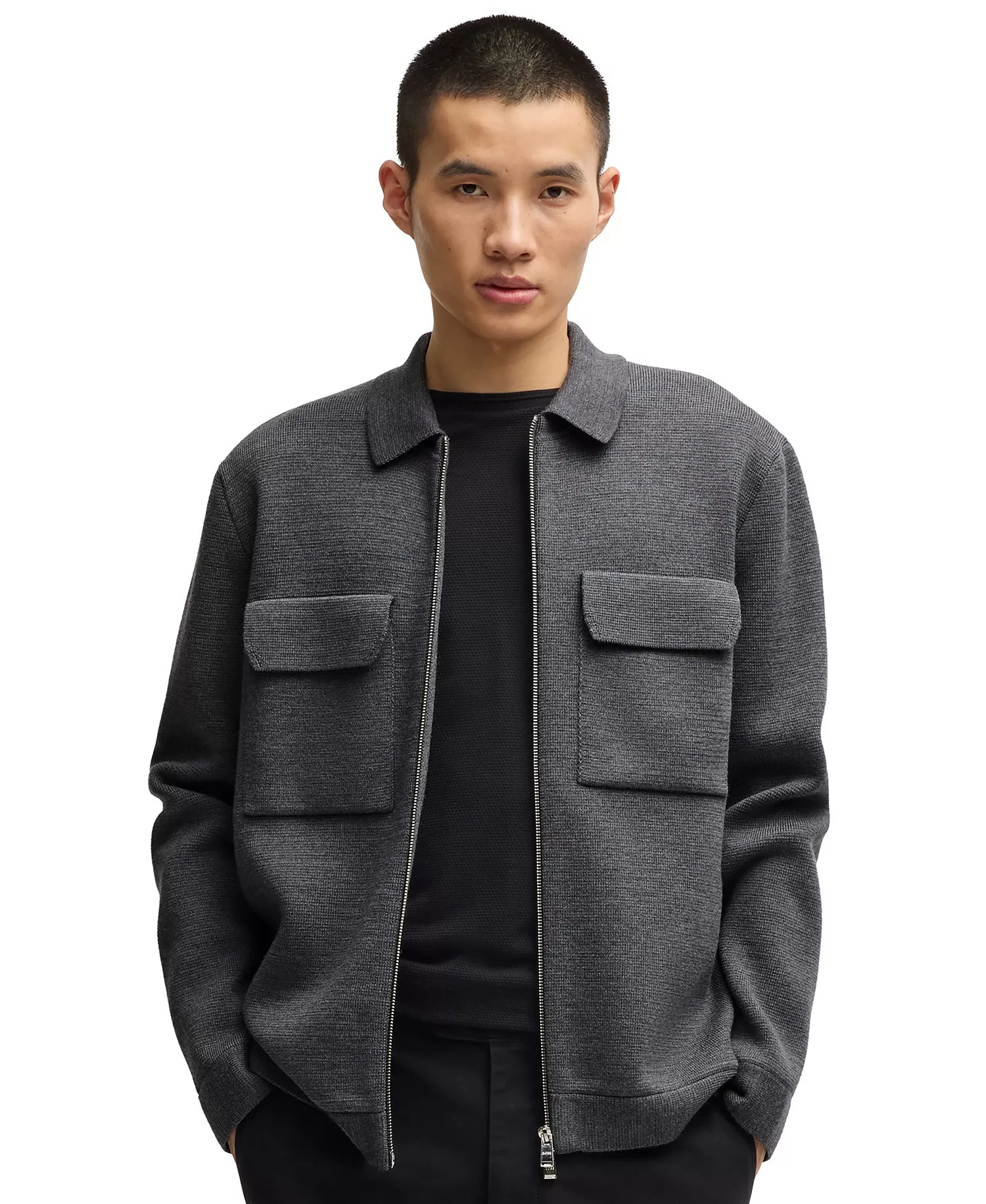 Men's Virgin Wool Zip-Up Regular-Fit Jacket - Open Gray - M