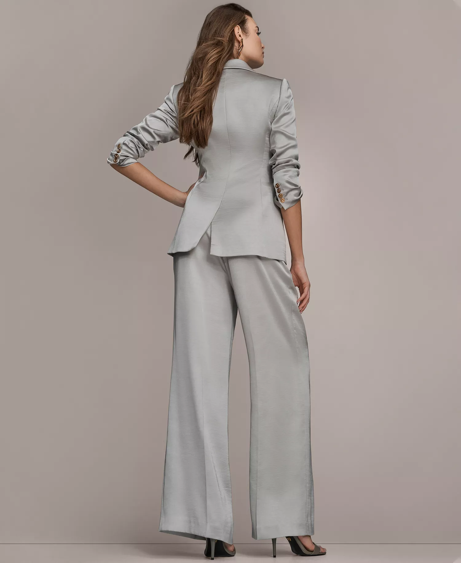 Women's Notch Lapel Collar Blazer, Sequin Detail Cowl Neck Camisole and Wide-Leg Mid-Rise Pants - Vapor - 0