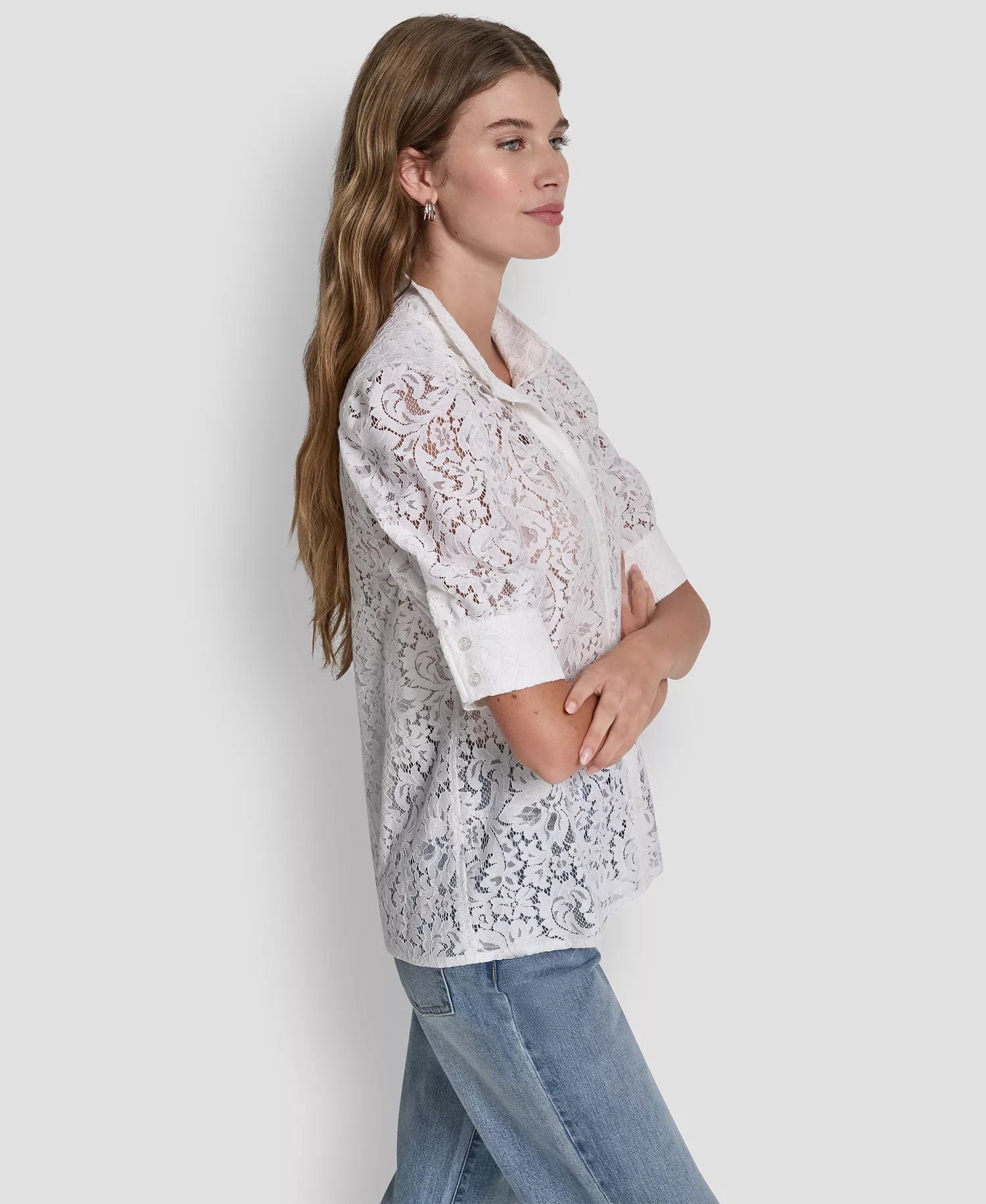Women's Lace Puff Sleeve Stand Collar Shirt - Ivory - L